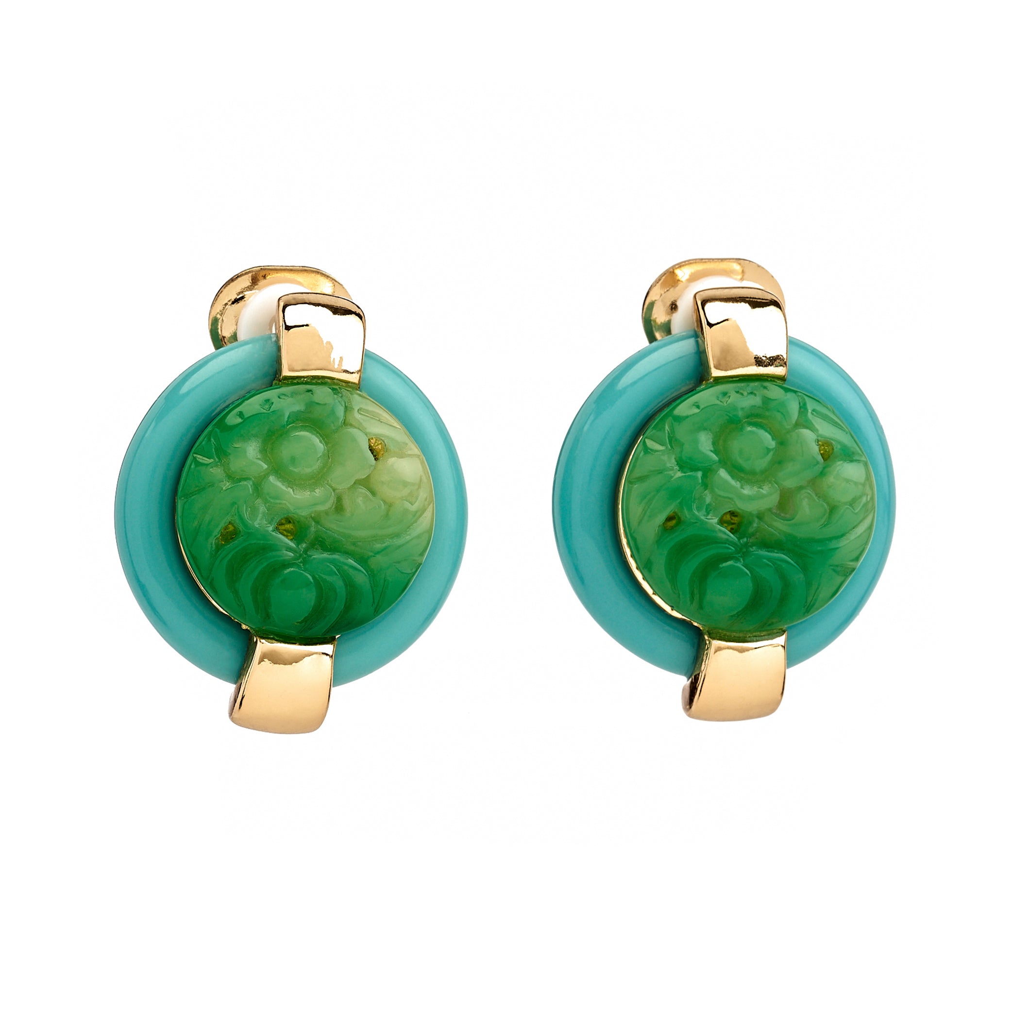 Carved Jade Button Clip-On Earrings - Turquoise/Jade