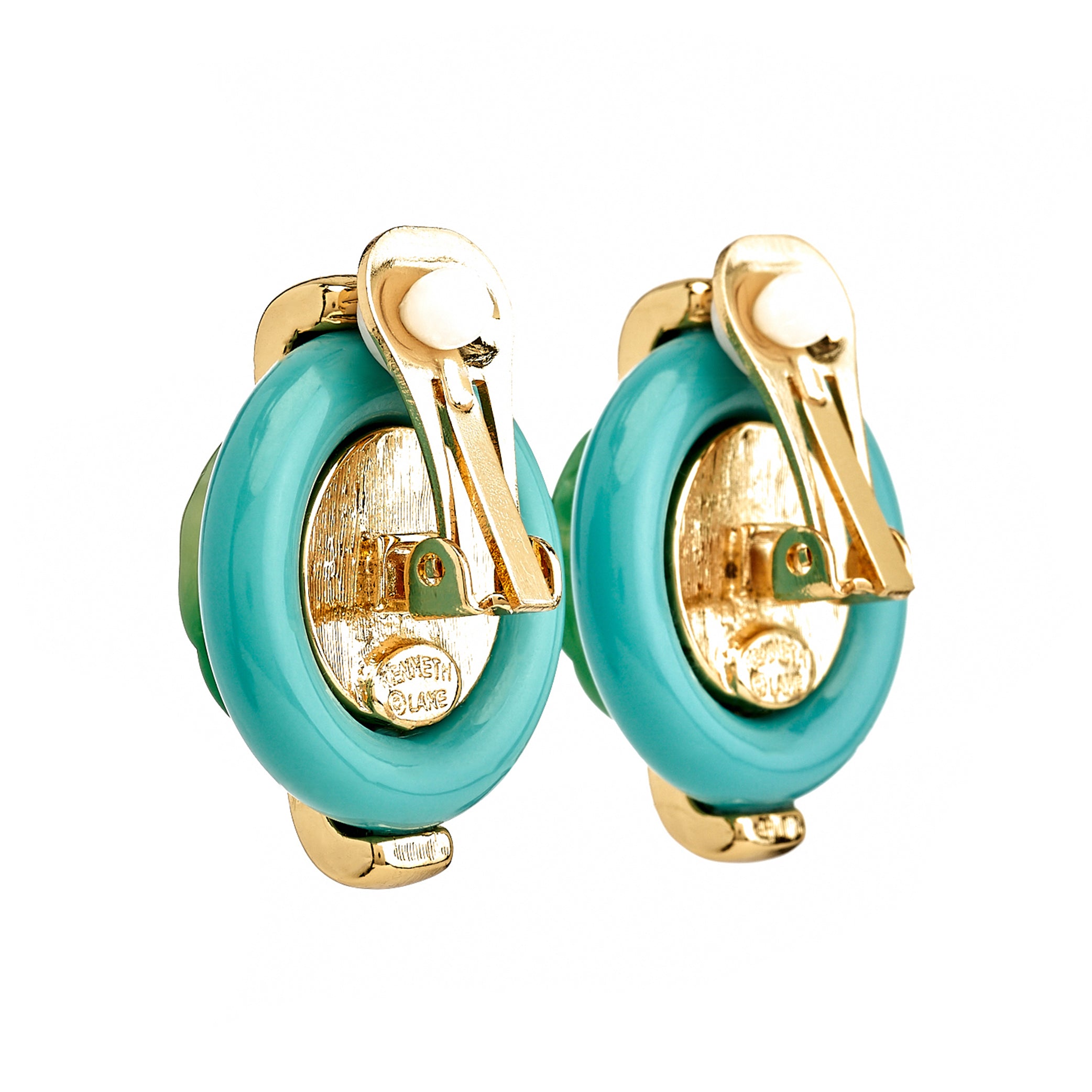 Carved Jade Button Clip-On Earrings - Turquoise/Jade