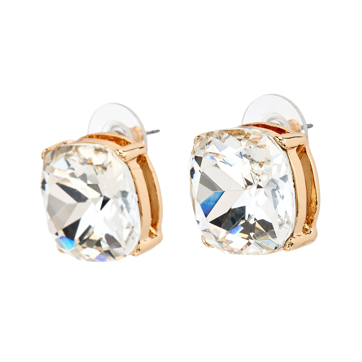 Square Crystal Headlight Earrings, gold, pierced closure