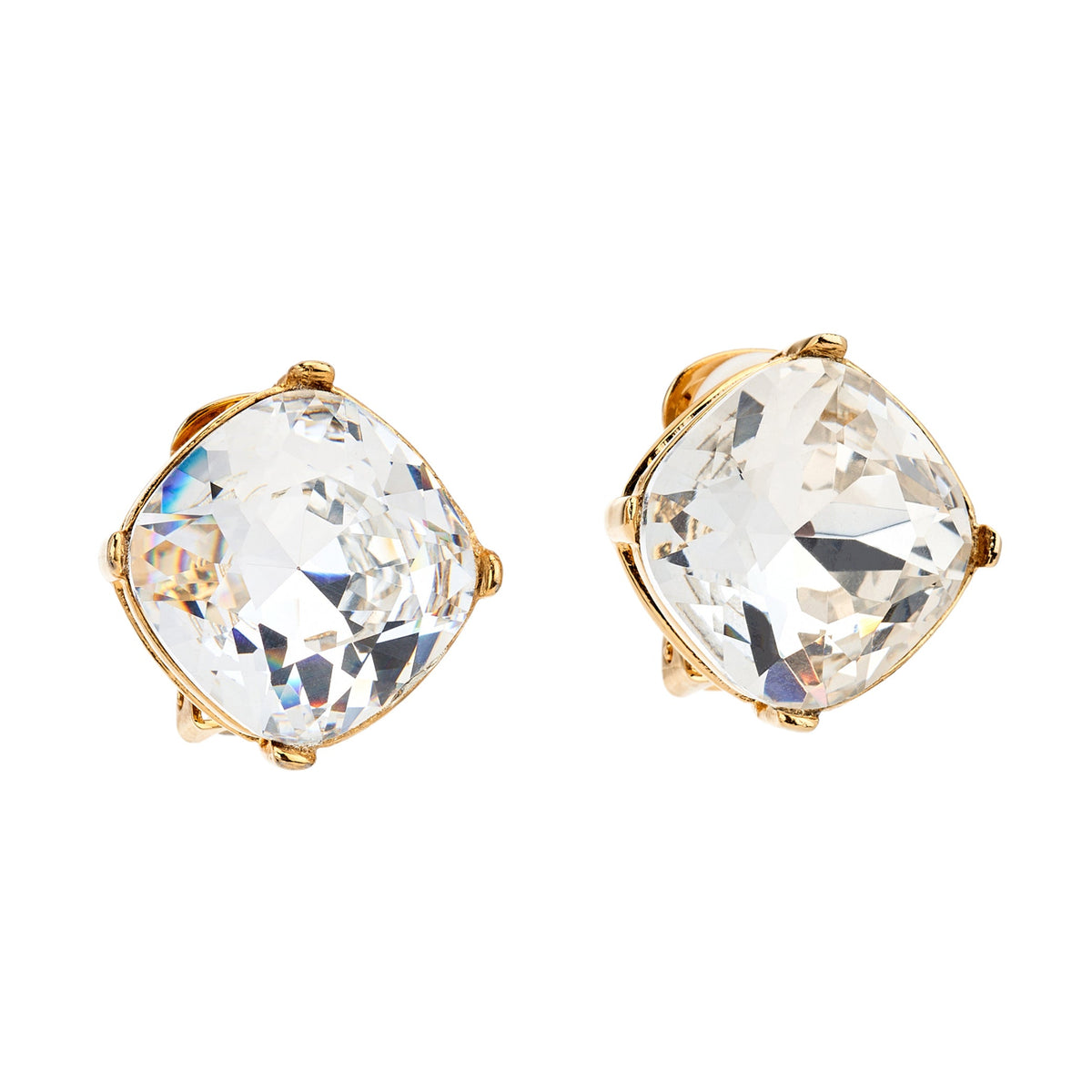 Square Crystal Headlight Earrings, gold, clip closure