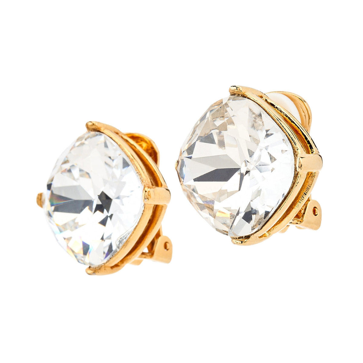 Square Crystal Headlight Earrings, gold, clip closure