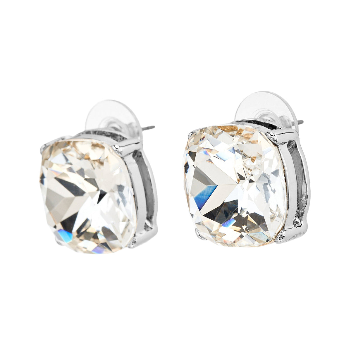 Square Crystal Headlight Earrings, silver, pierced closure