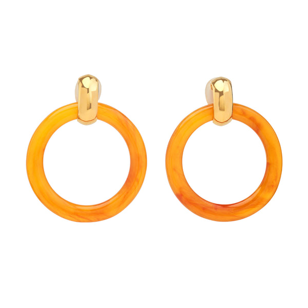 Amber Doorknocker Clip Earrings with Polished Gold Top
