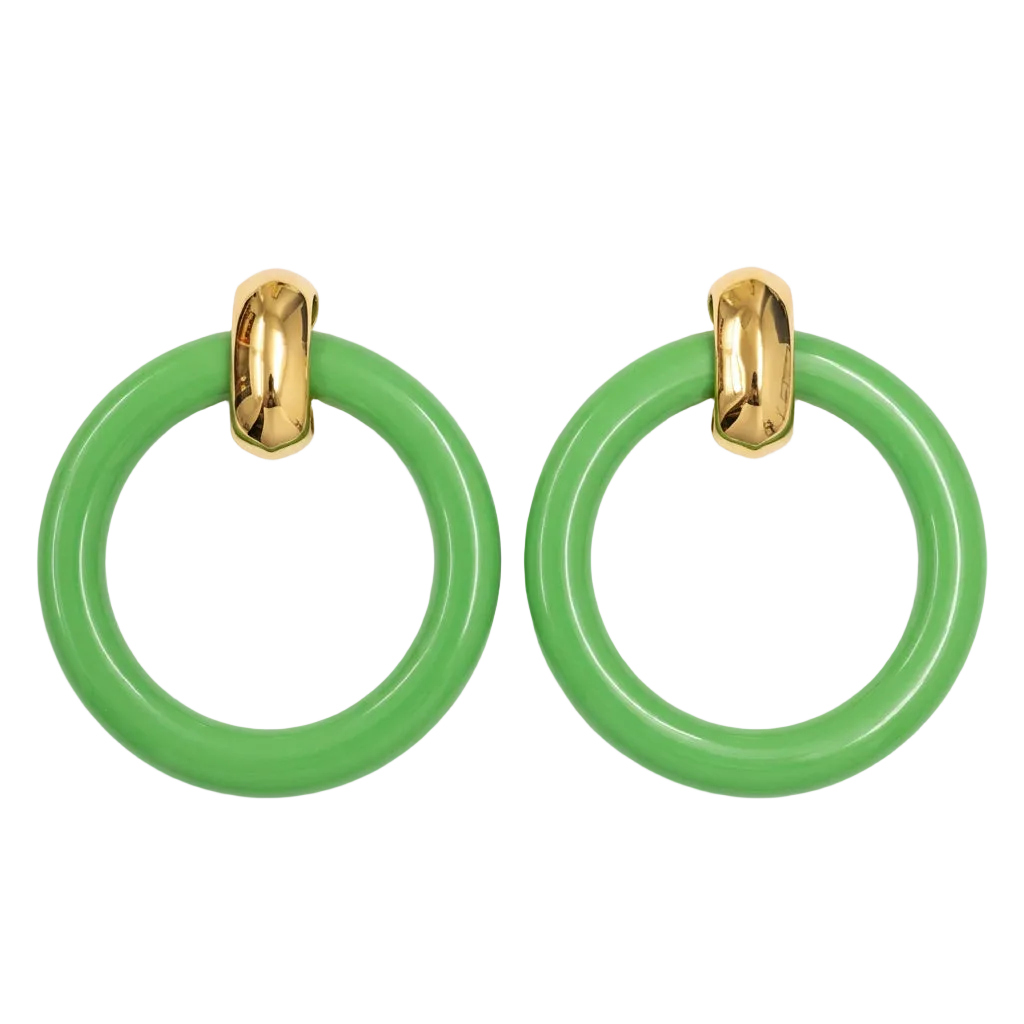 Green & Polished Gold Doorknocker Clip Earrings