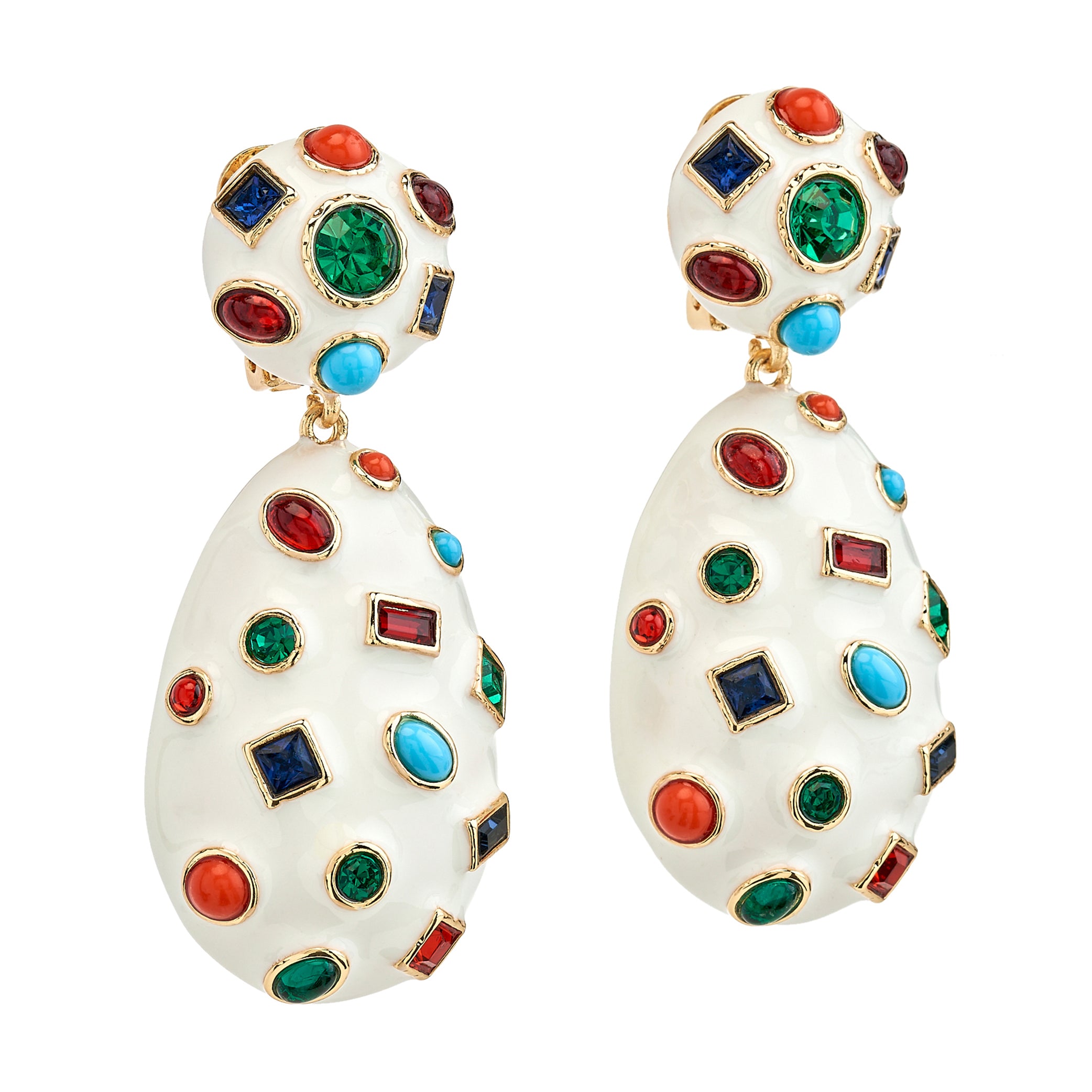 White Enamel Multicolor Gemstone Clip Earrings