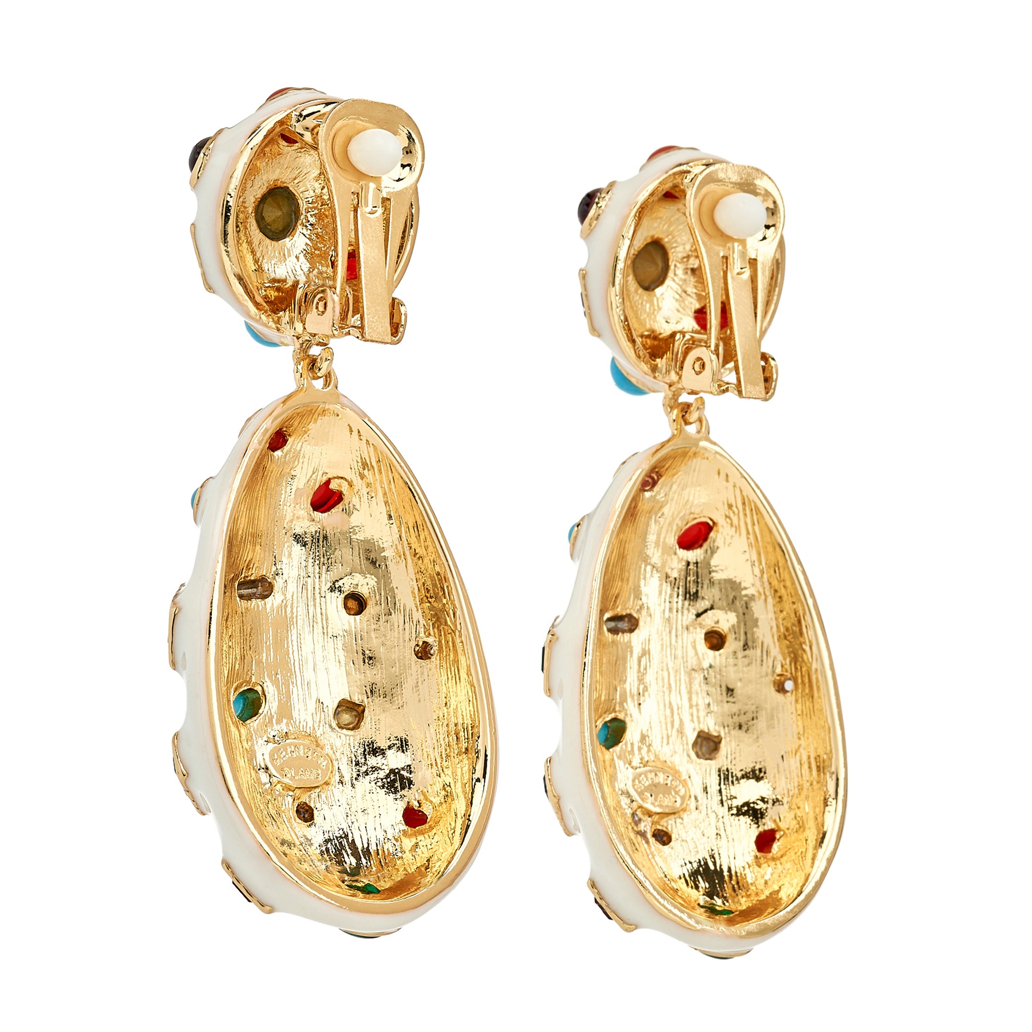 White Enamel Multicolor Gemstone Clip Earrings