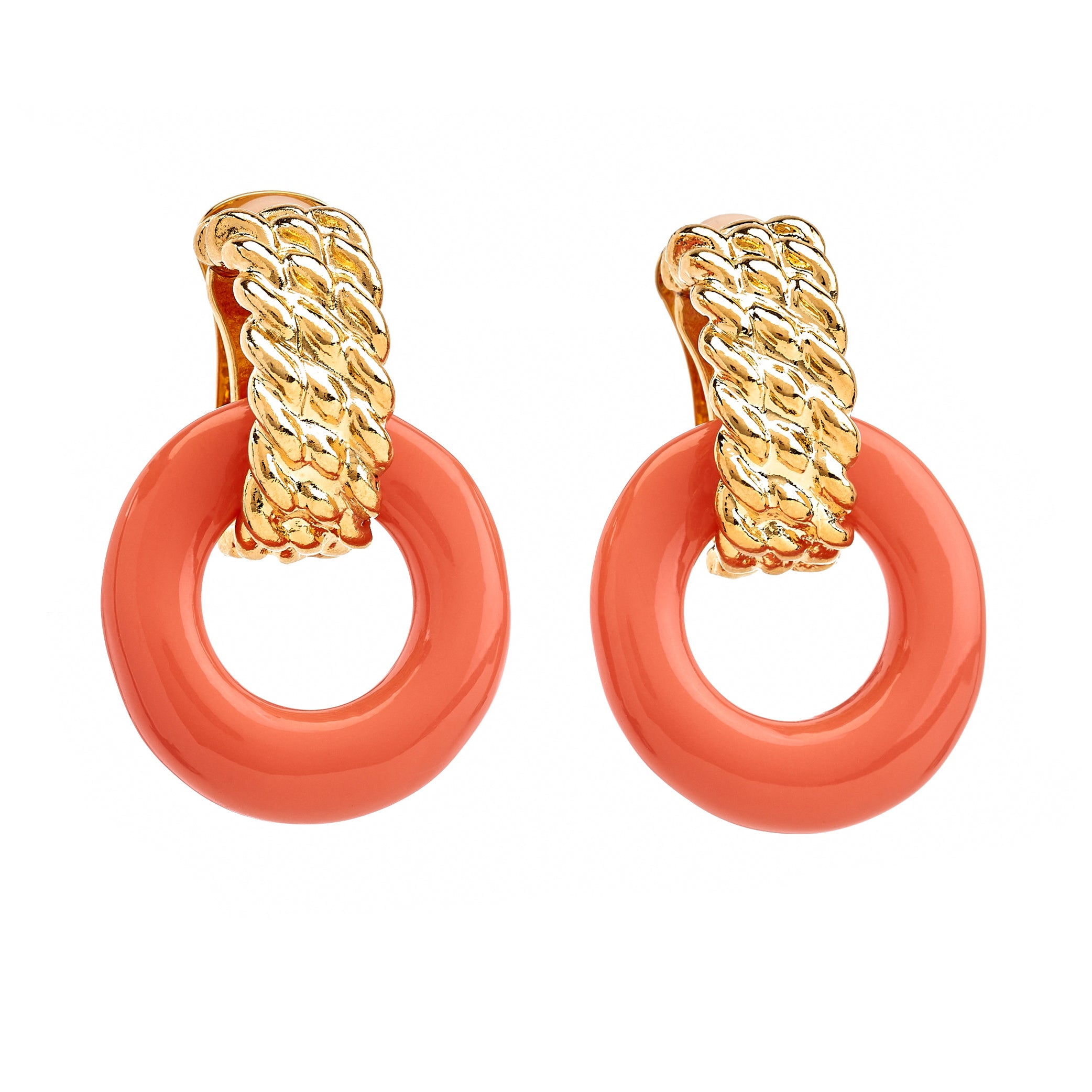 Gold & Coral Doorknocker Clip Earrings