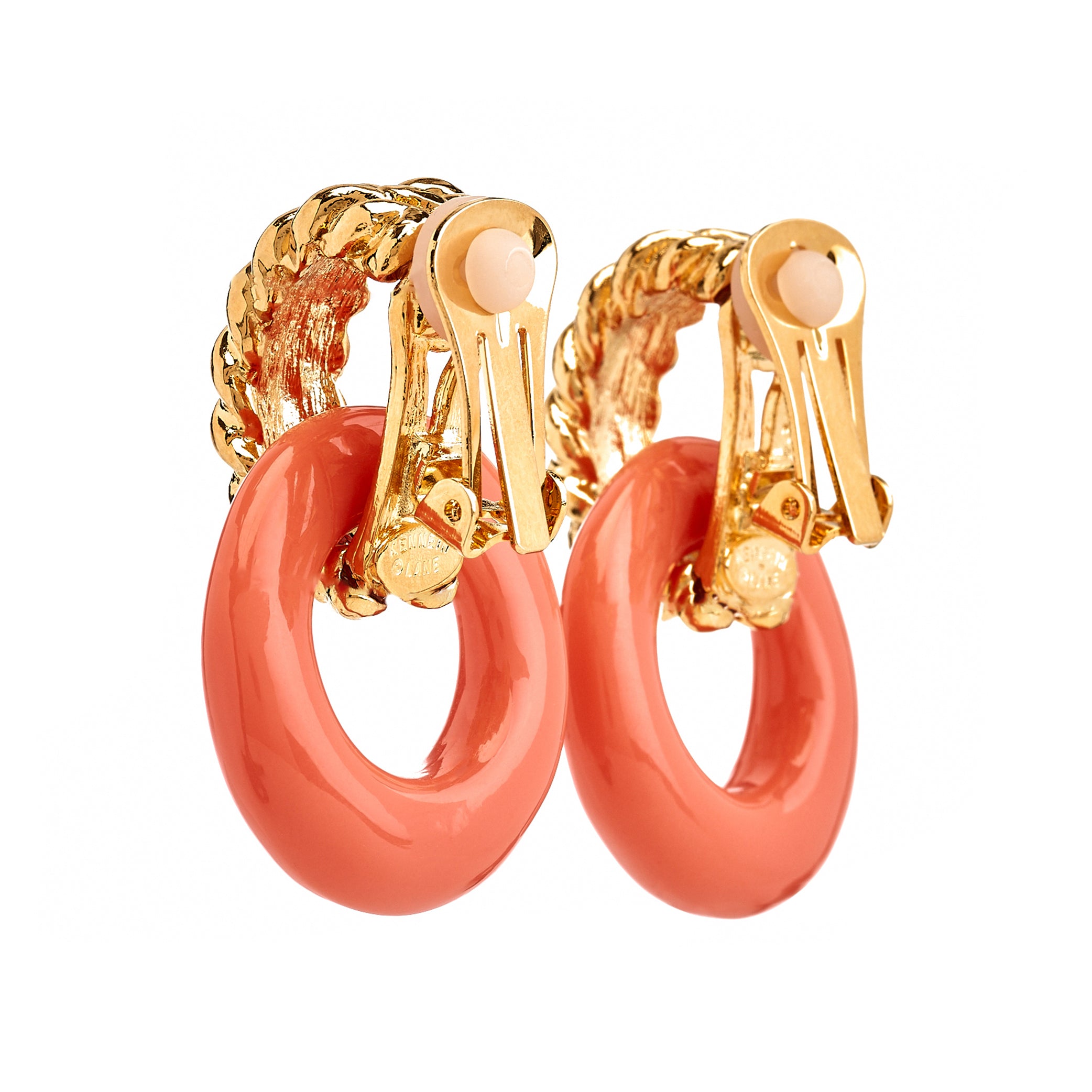 Gold & Coral Doorknocker Clip Earrings