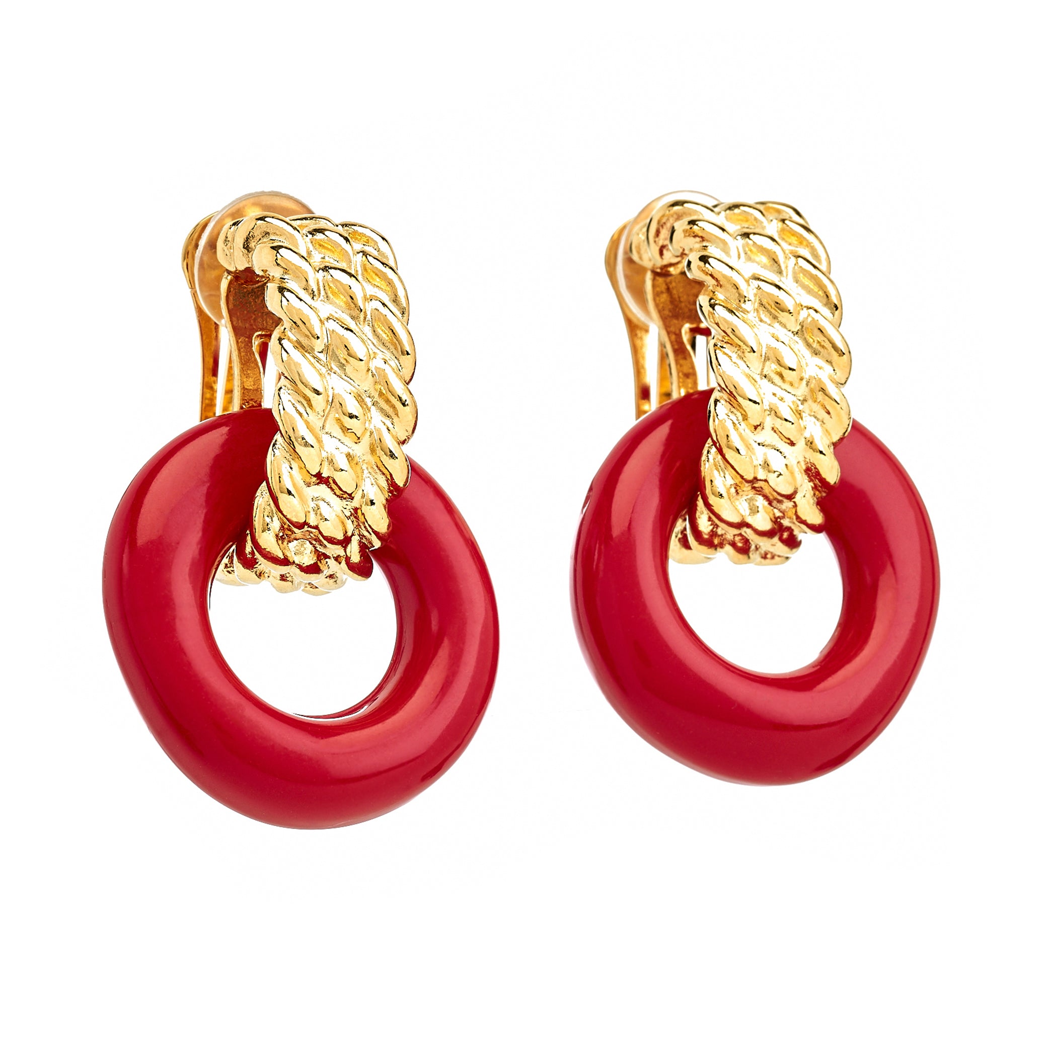 Gold & Red Doorknocker Clip Earrings