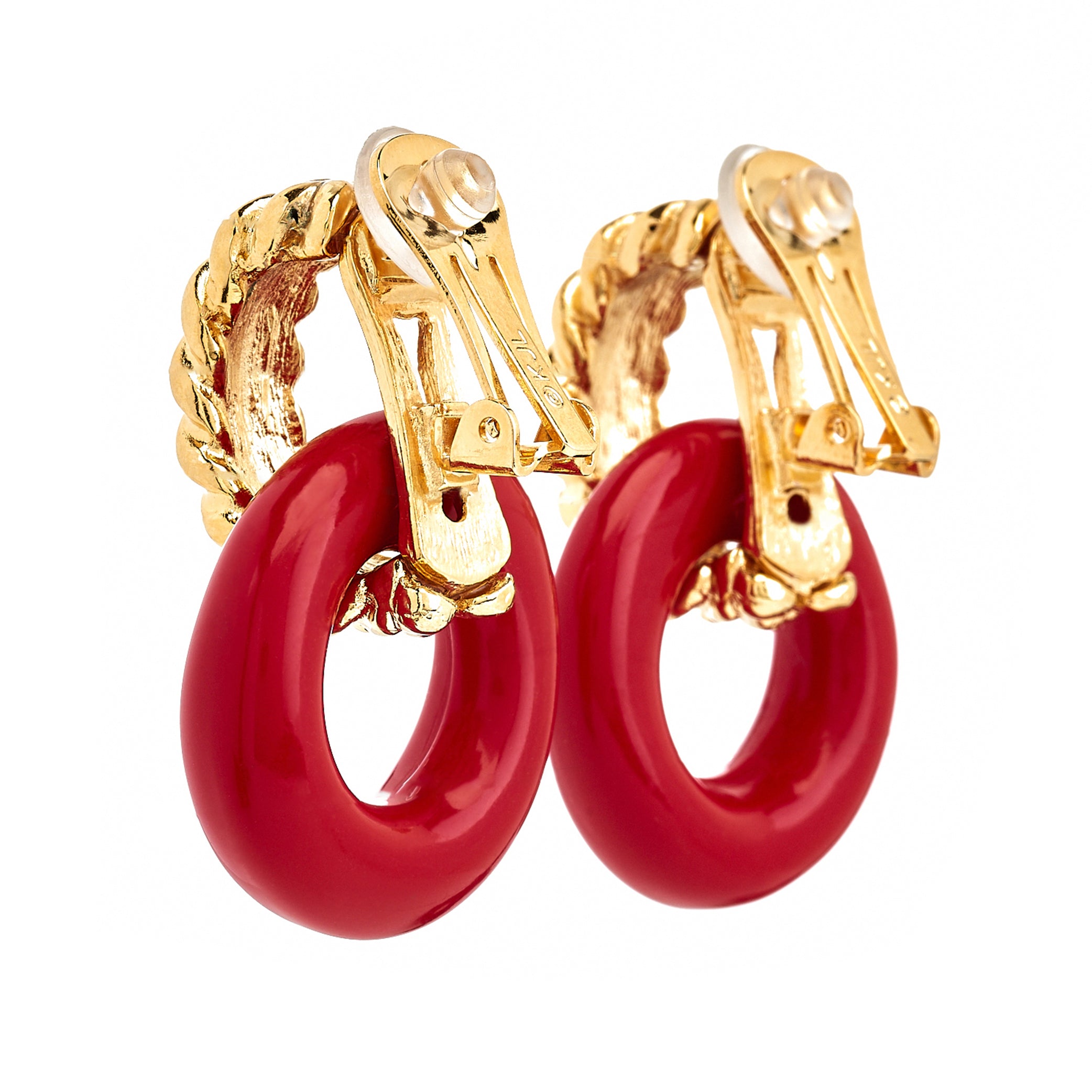Gold & Red Doorknocker Clip Earrings