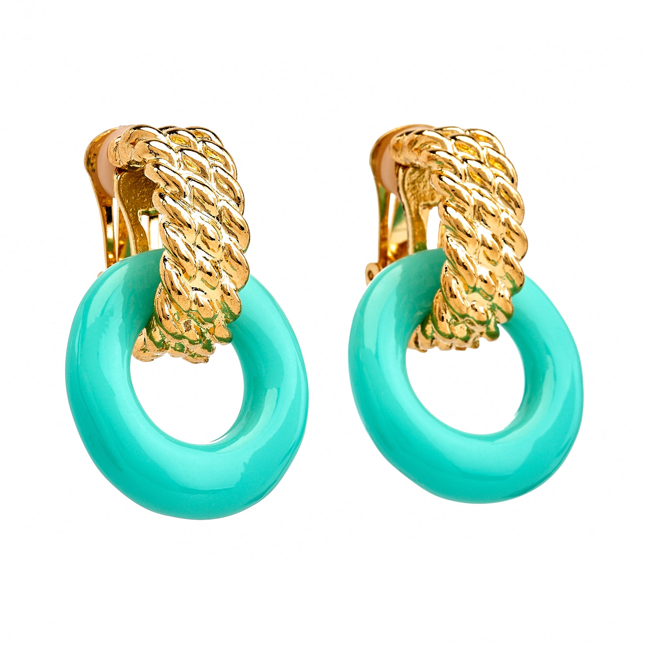 Gold & Turquoise Doorknocker Clip Earrings