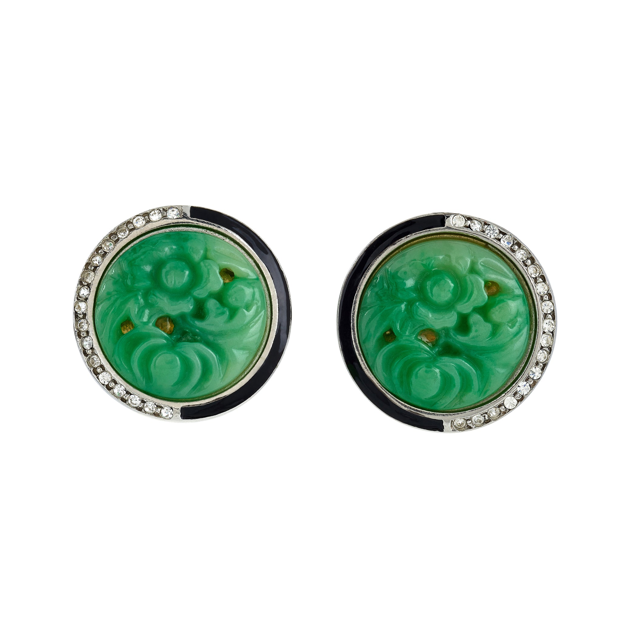 Silver Crystal & Black Enamel Jade Earrings