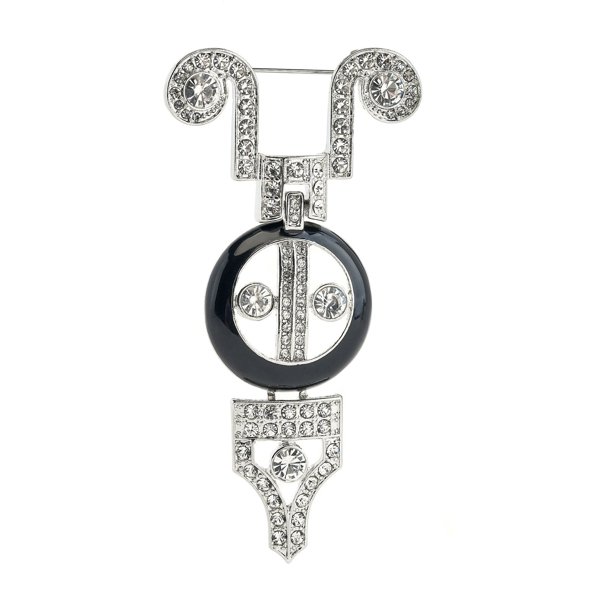 Kenneth Jay Lane silver crystal black enamel Art Deco brooch