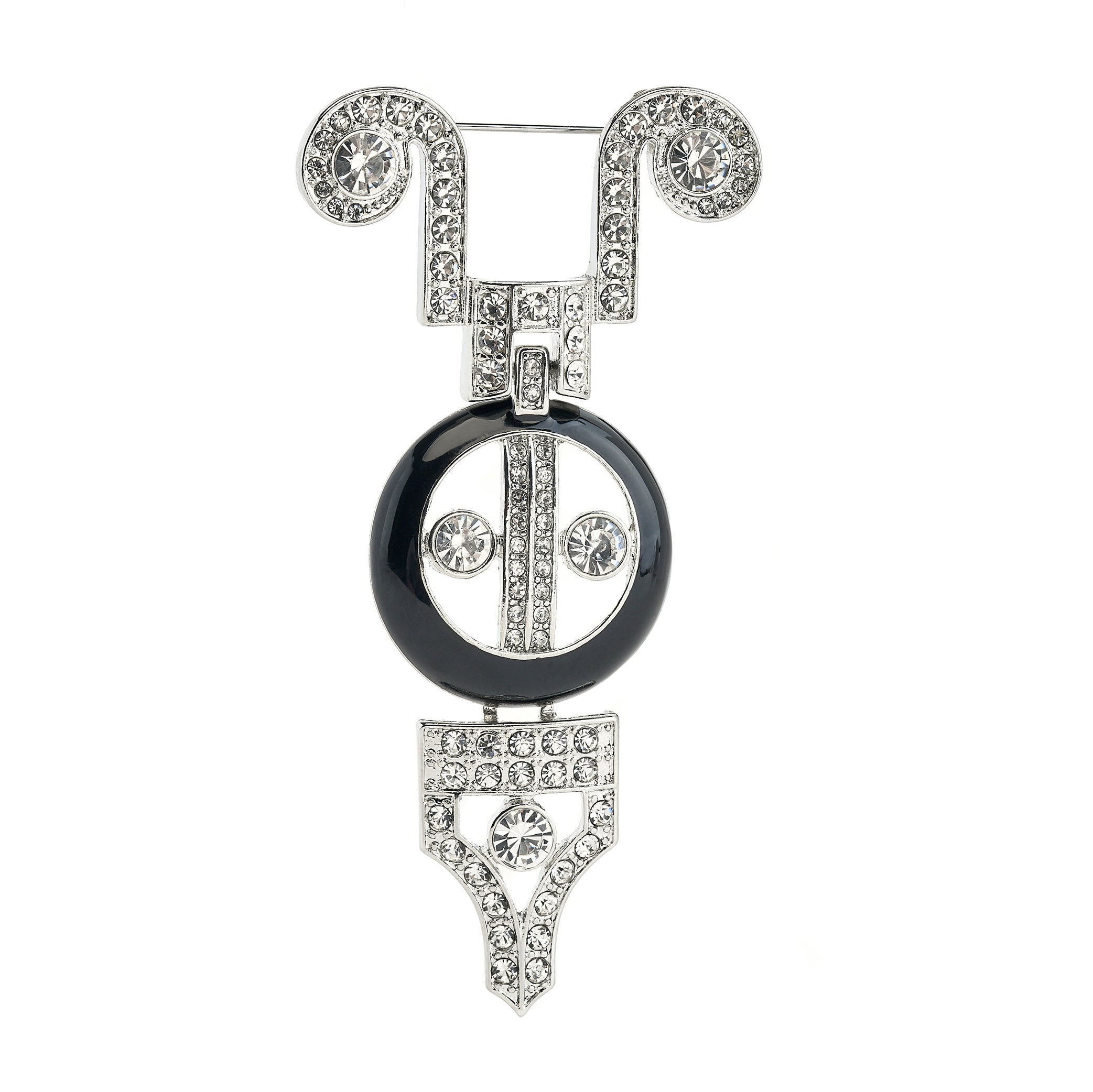 Silver Crystal Black Enamel Hanging Deco Pin