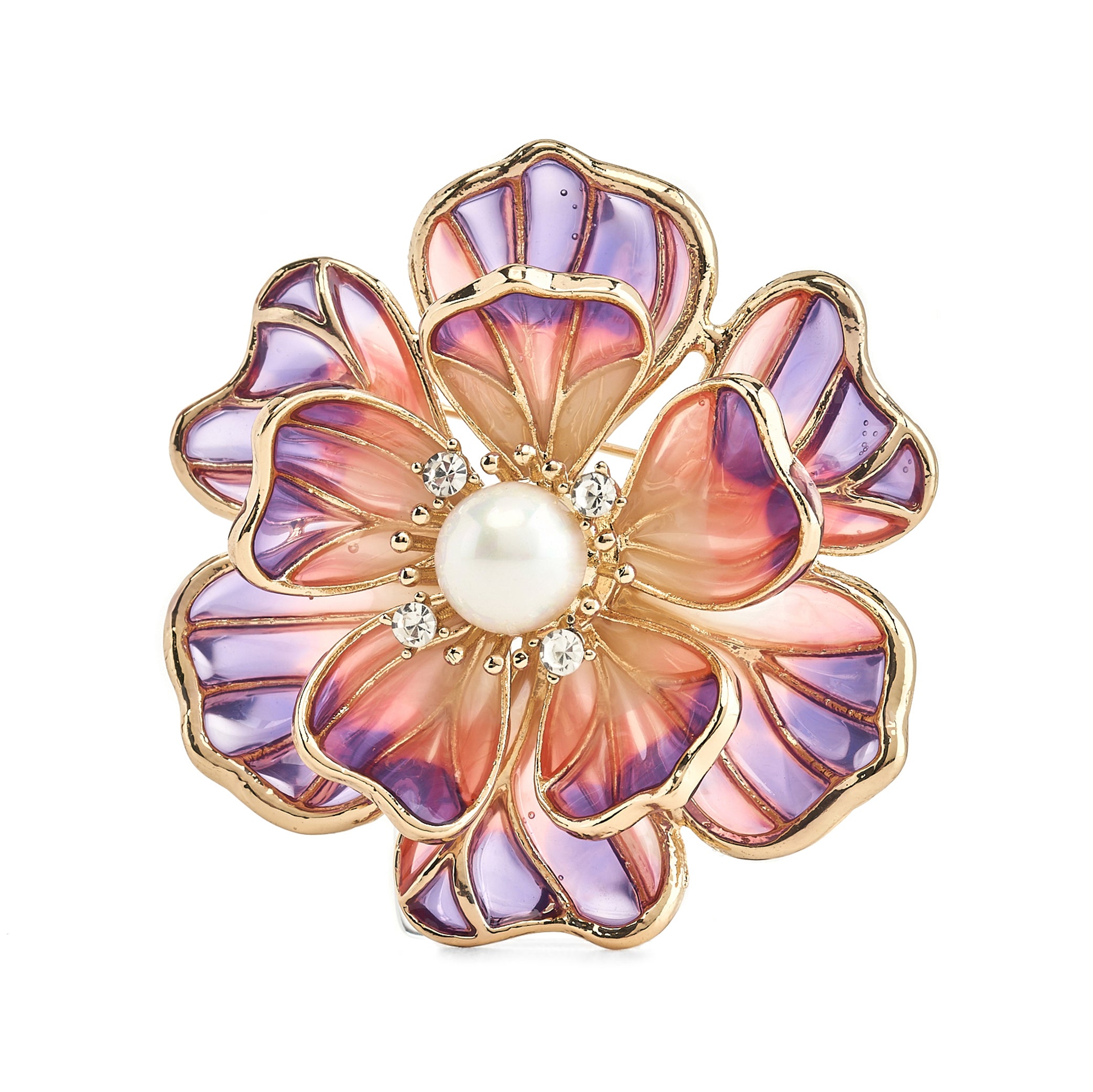 Pink and Amethyst Flower Pin with Pearl Center