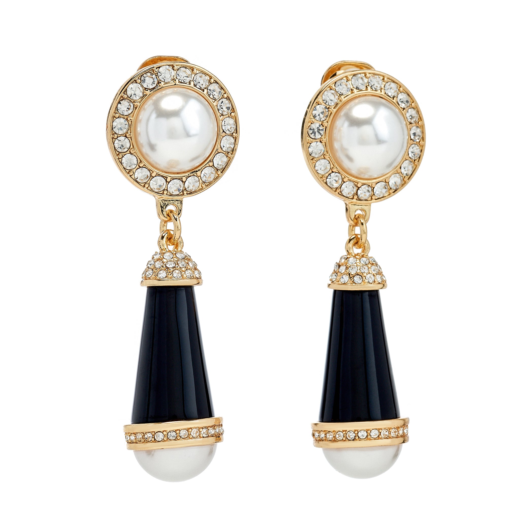 Black and Pearl Drop Clip-On Earrings