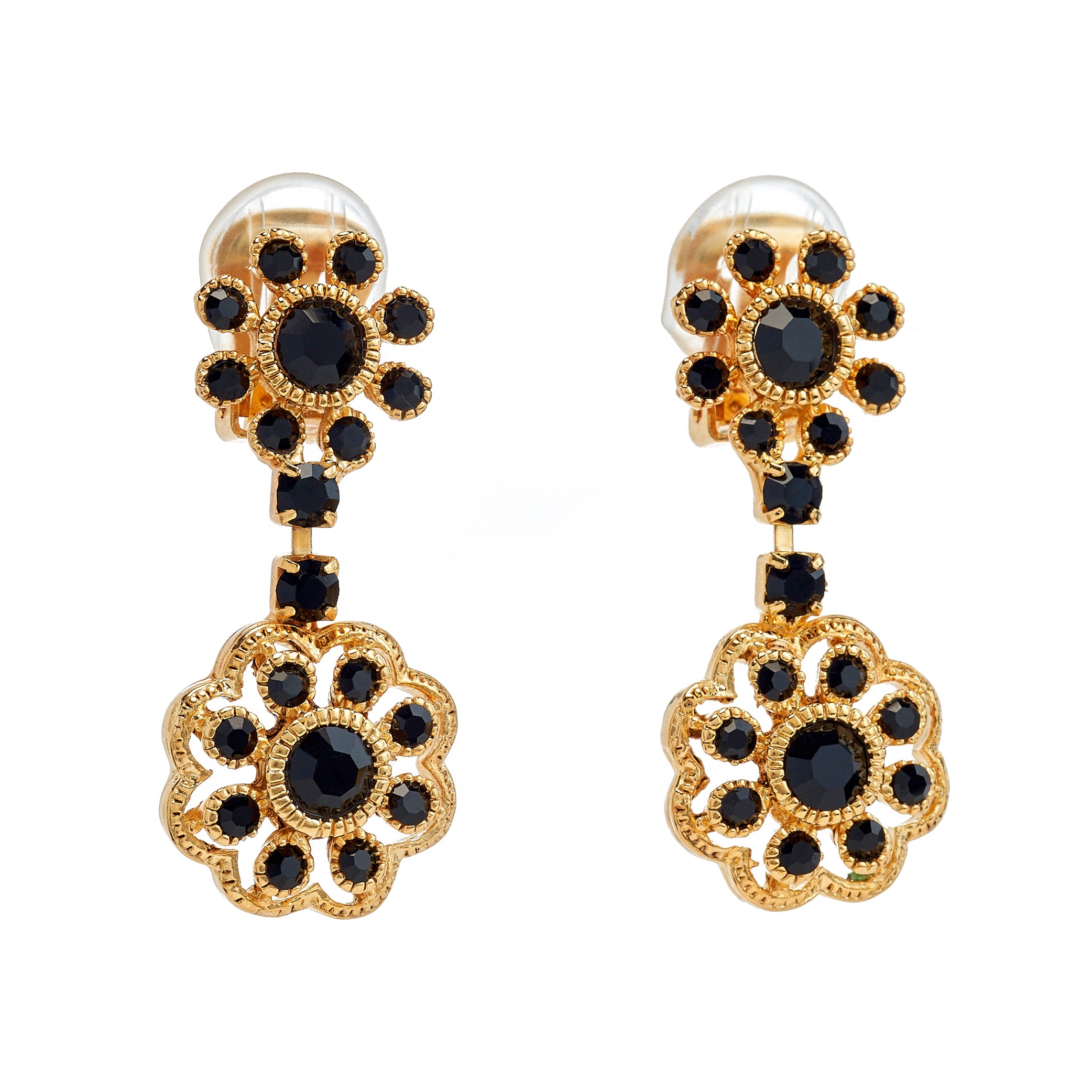 Jet Flower Cluster Clip Earrings