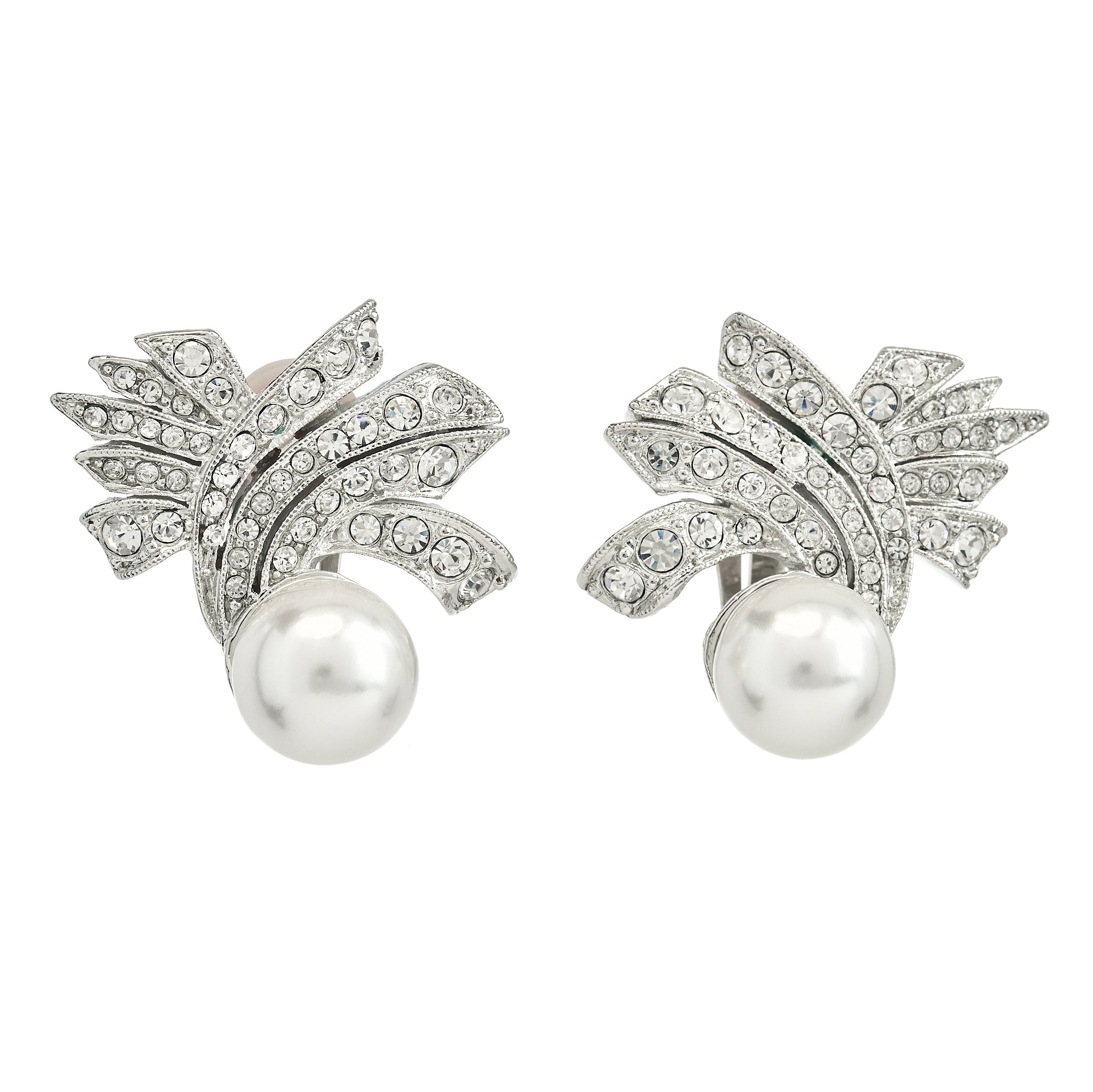 Crystal Flare Clip Earrings with Pearl Centers