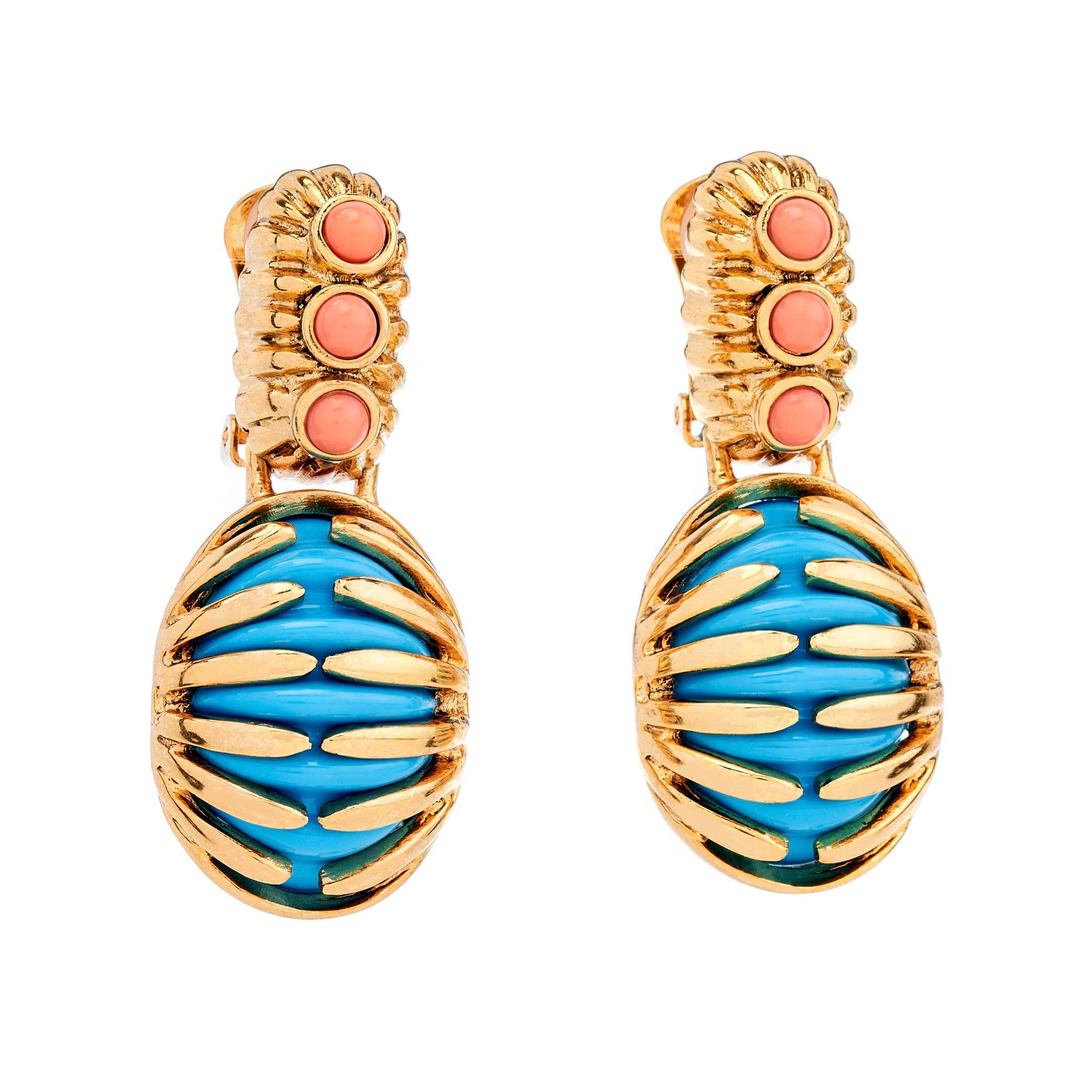 Vintage Coral & Turquoise Drop Clip-On Earrings