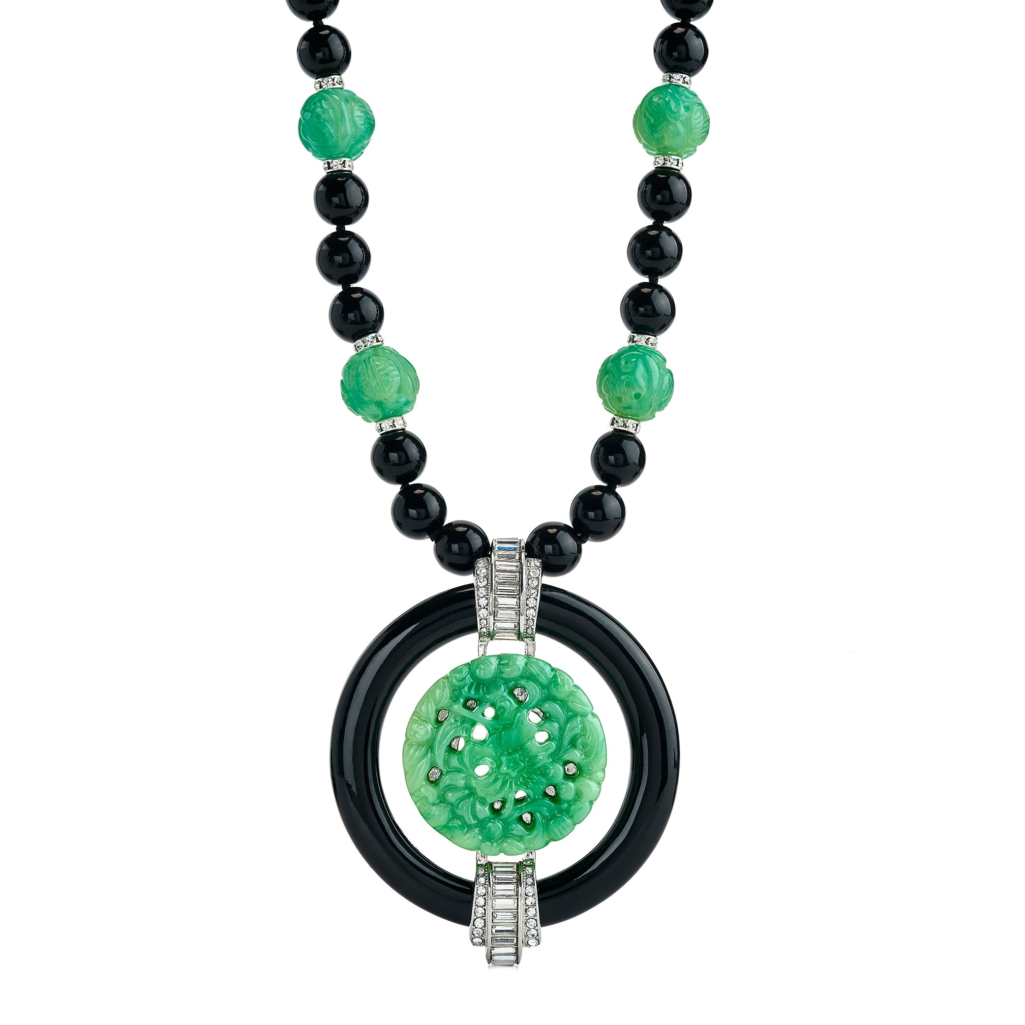 Black and Jade Necklace with Deco Pendant