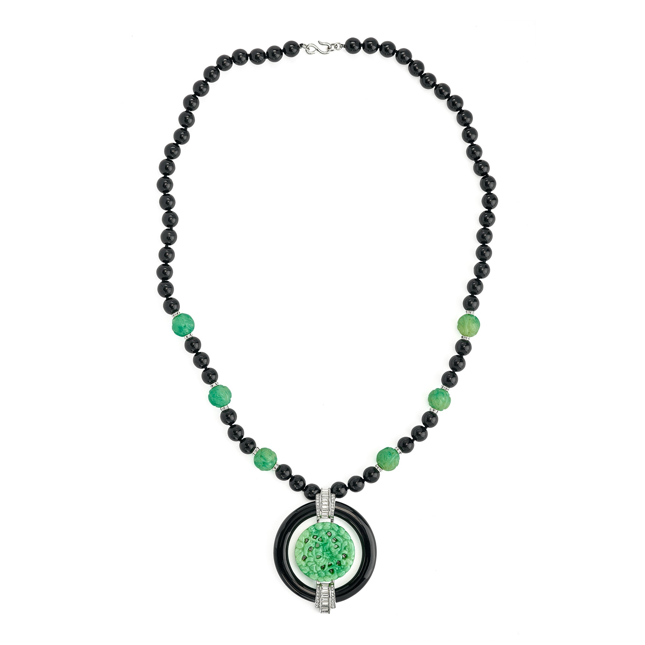 Black and Jade Necklace with Deco Pendant