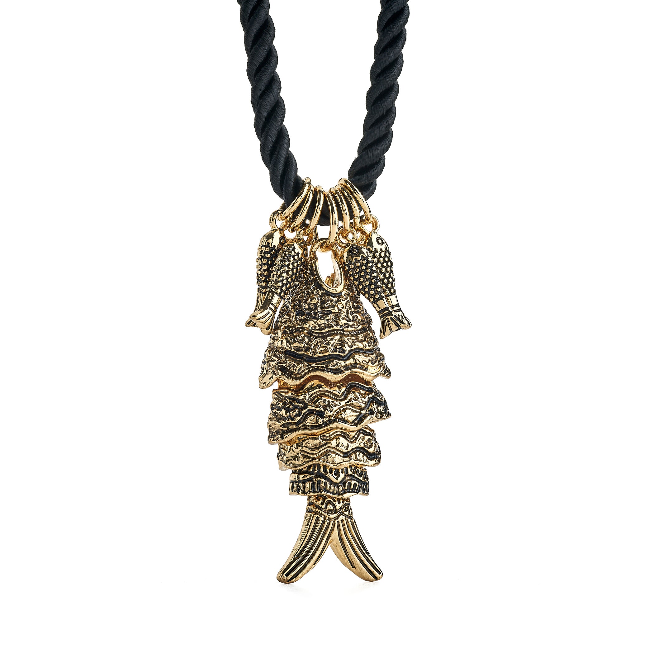 Black Cord Necklace with Antique Gold Fish Pendant