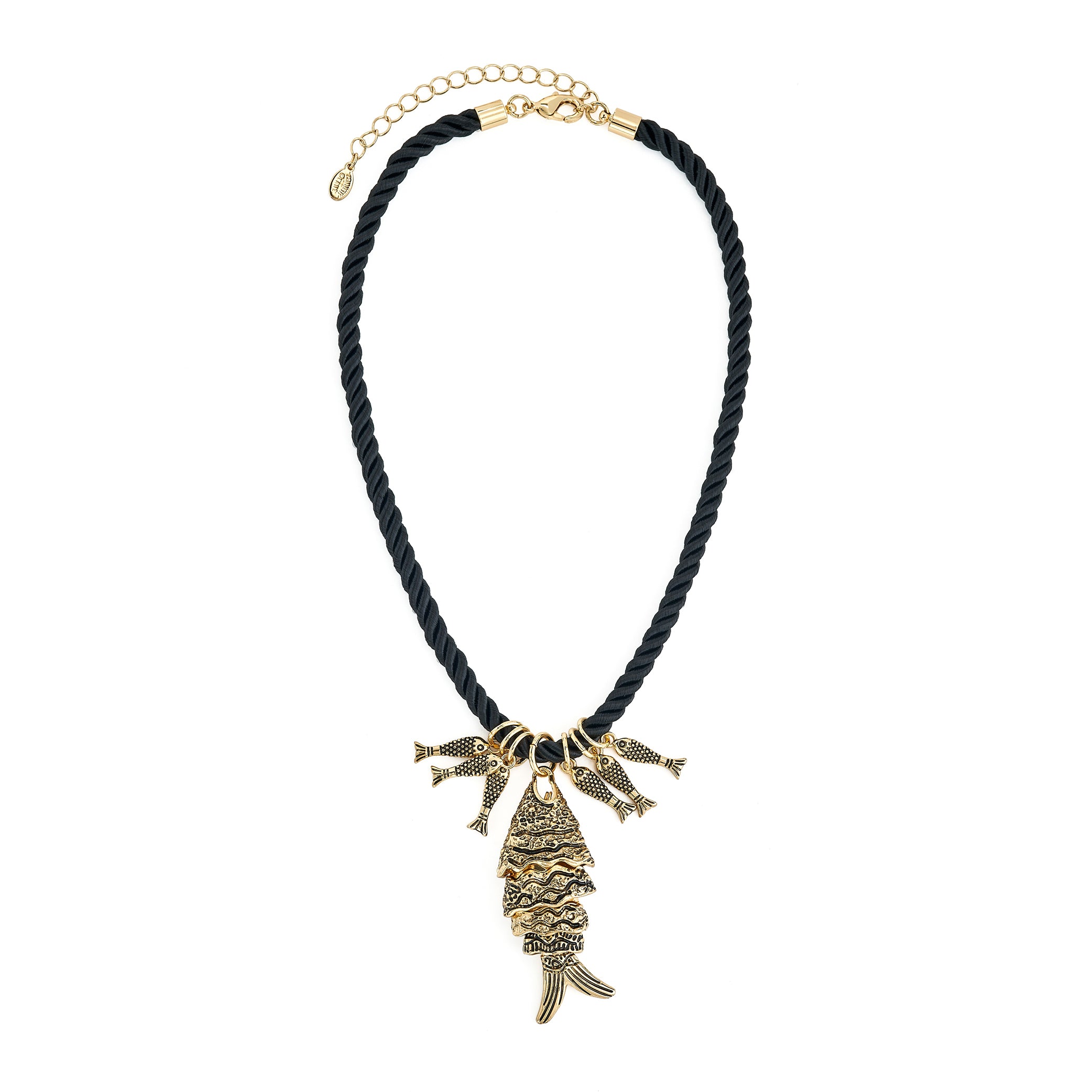 Black Cord Necklace with Antique Gold Fish Pendant