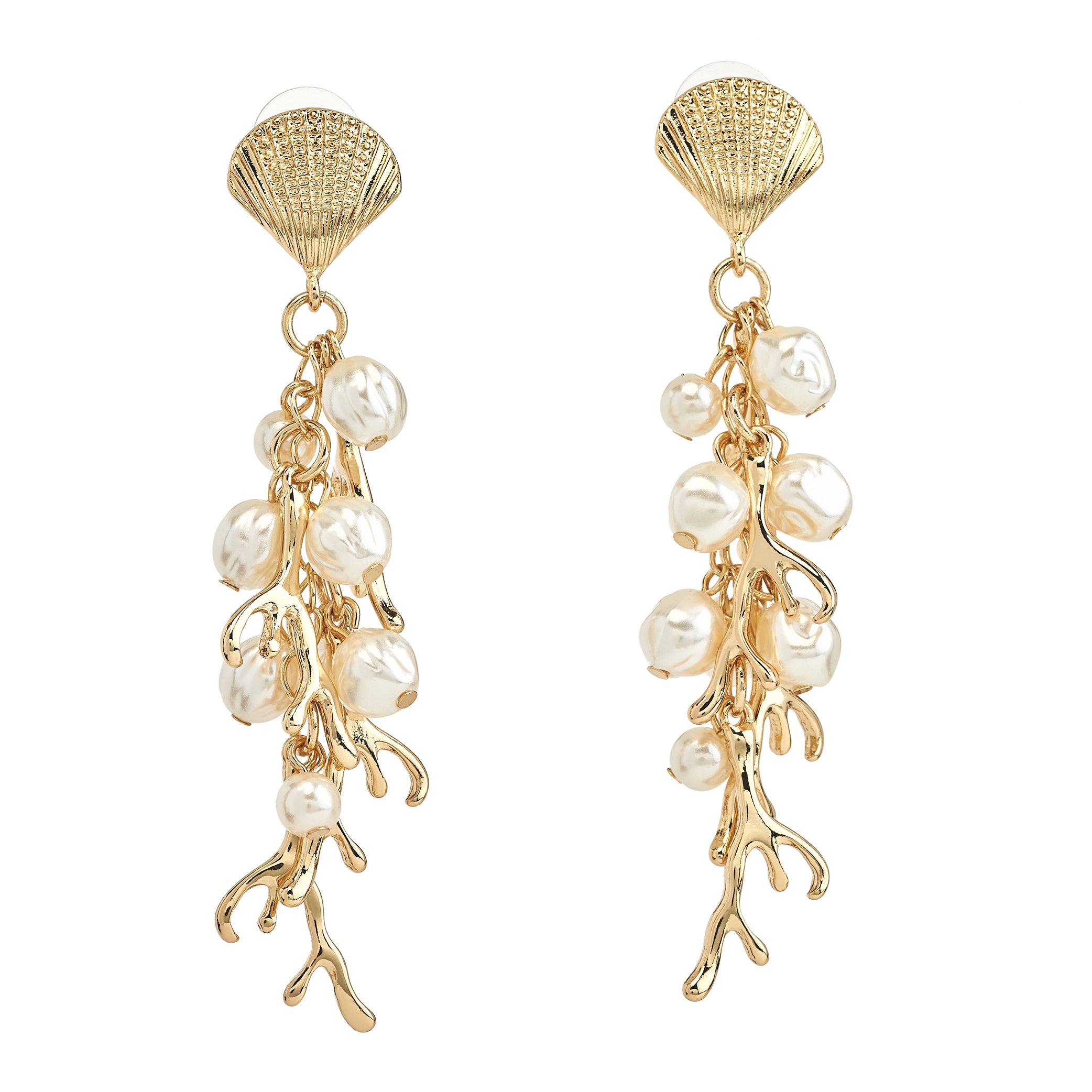 Shell Top Pearl and Gold Branches Drop Earrings