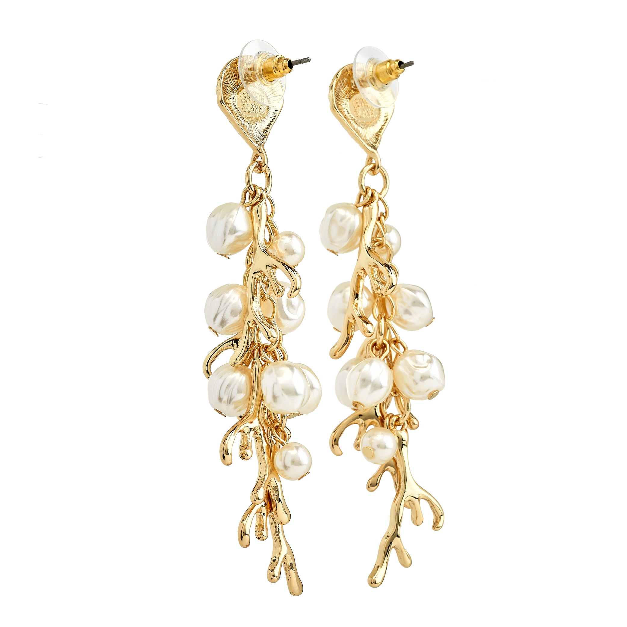 Shell Top Pearl and Gold Branches Drop Earrings