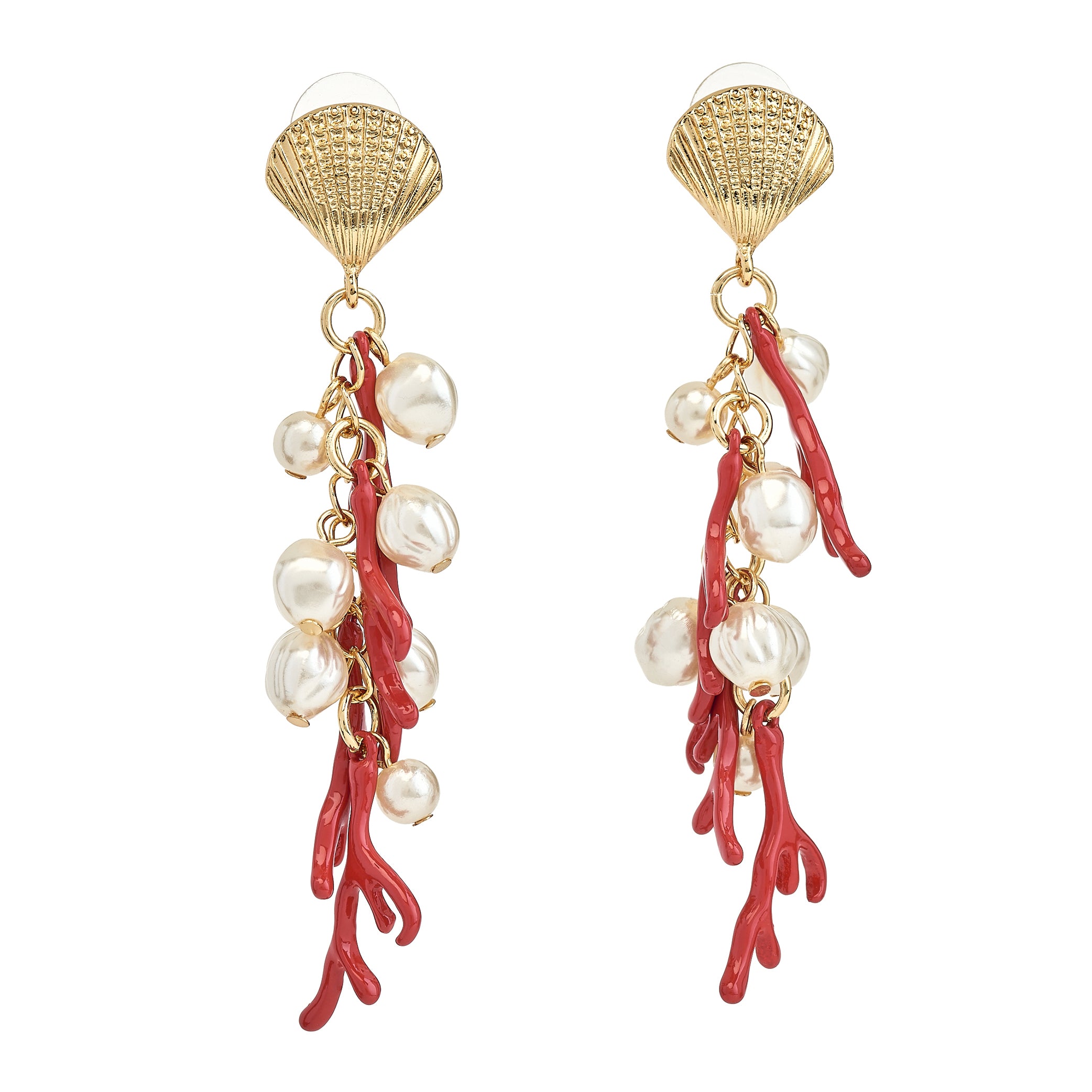 Shell Top Pearl and Red Branches Drop Earrings