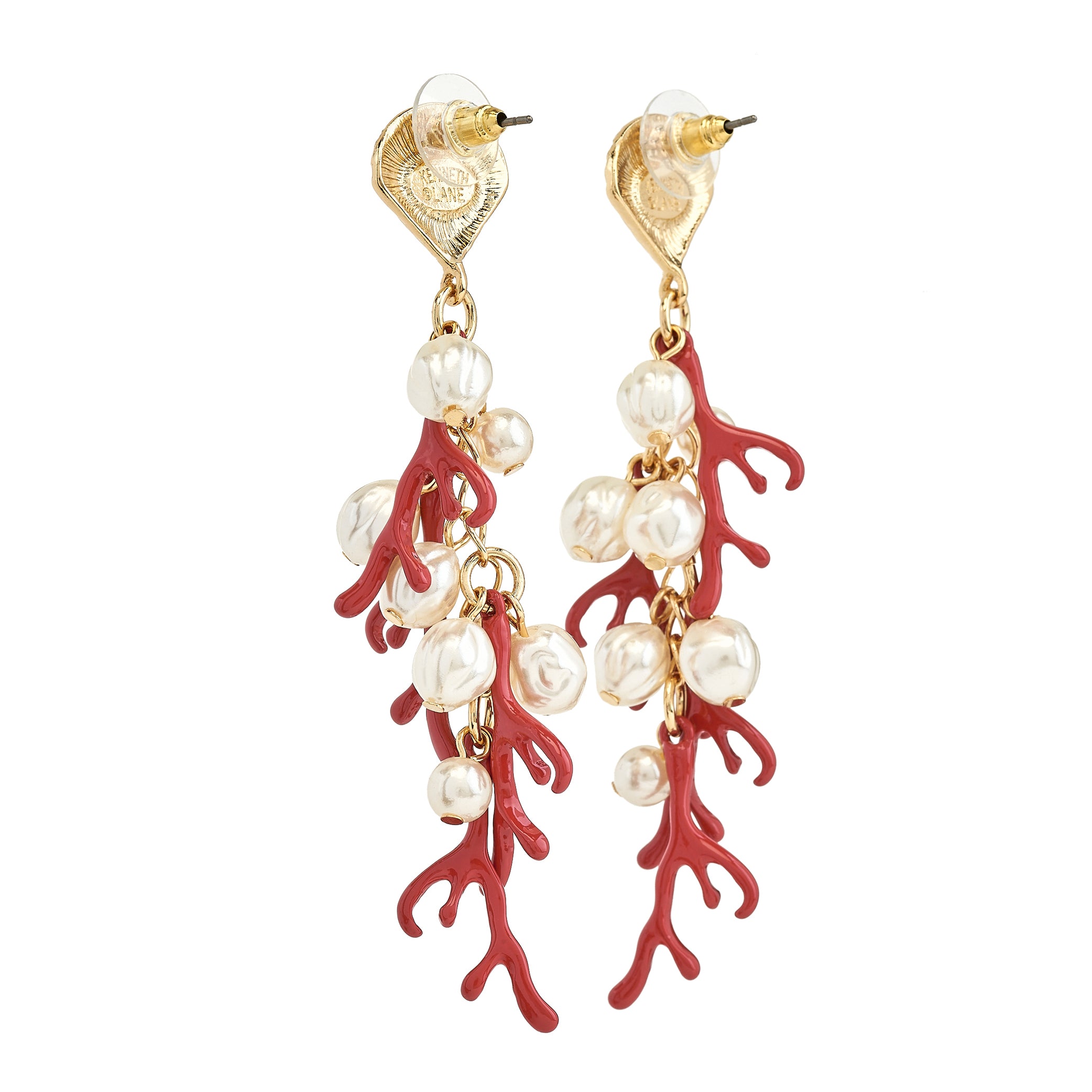 Shell Top Pearl and Red Branches Drop Earrings