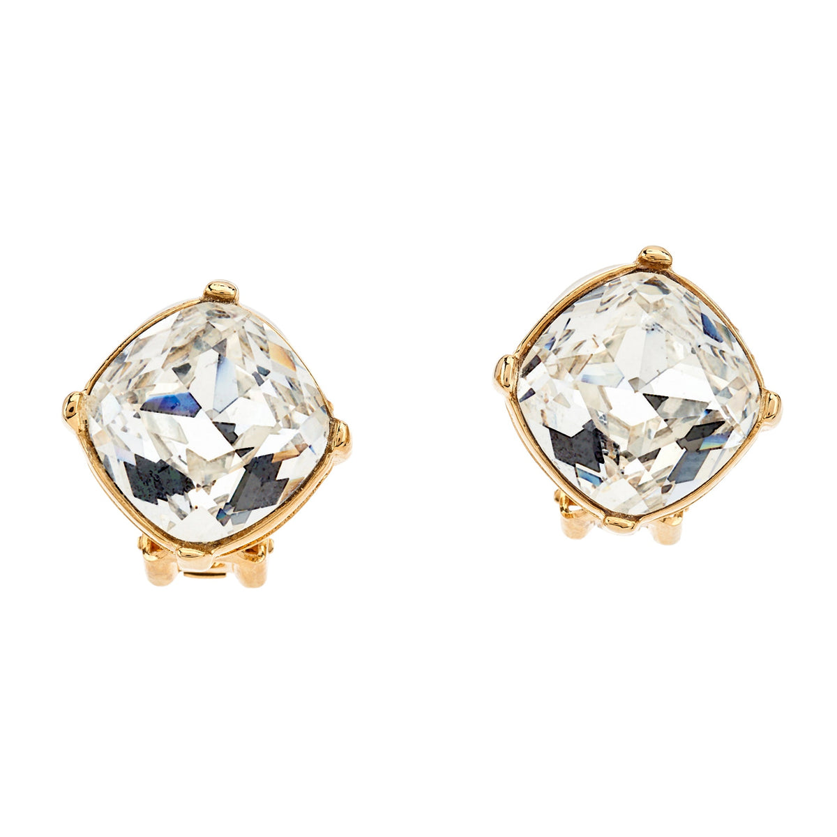 Square Crystal Clip Earrings, gold, clip closure