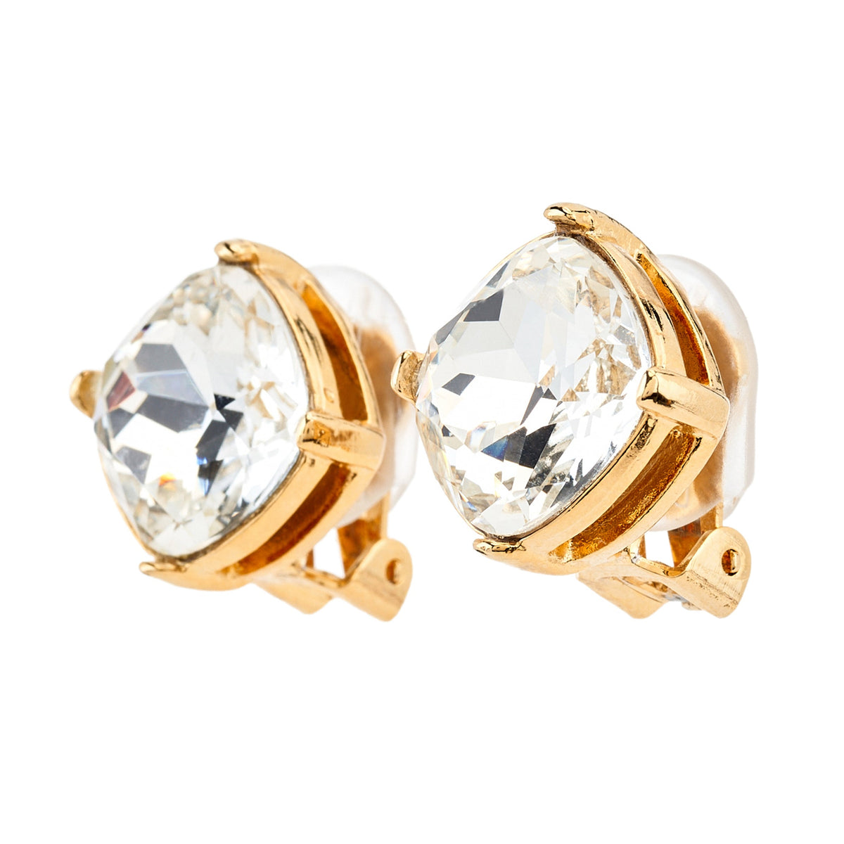 Square Crystal Clip Earrings, gold, clip closure