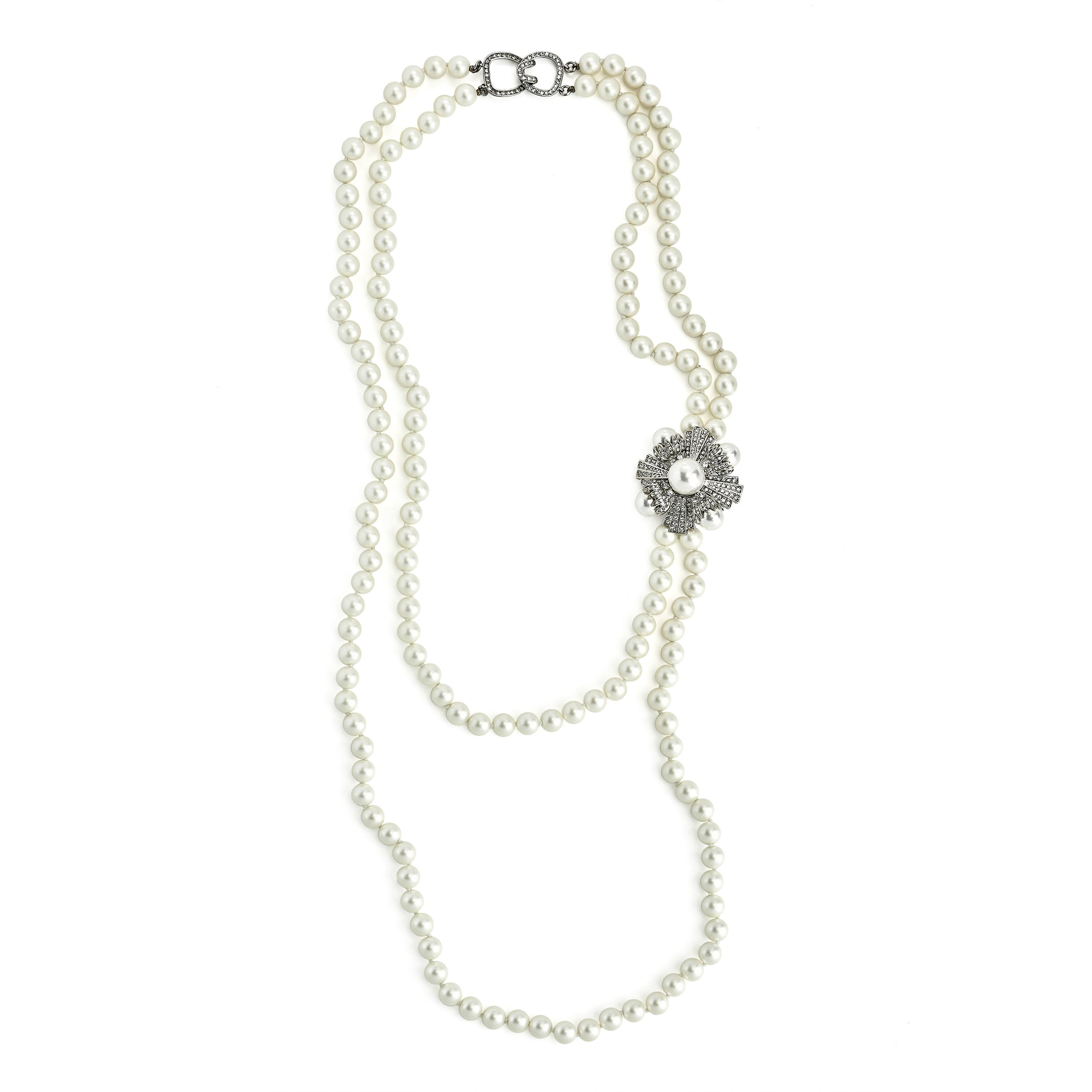 Two-Row Pearl Necklace with Crystal Cross Pendant