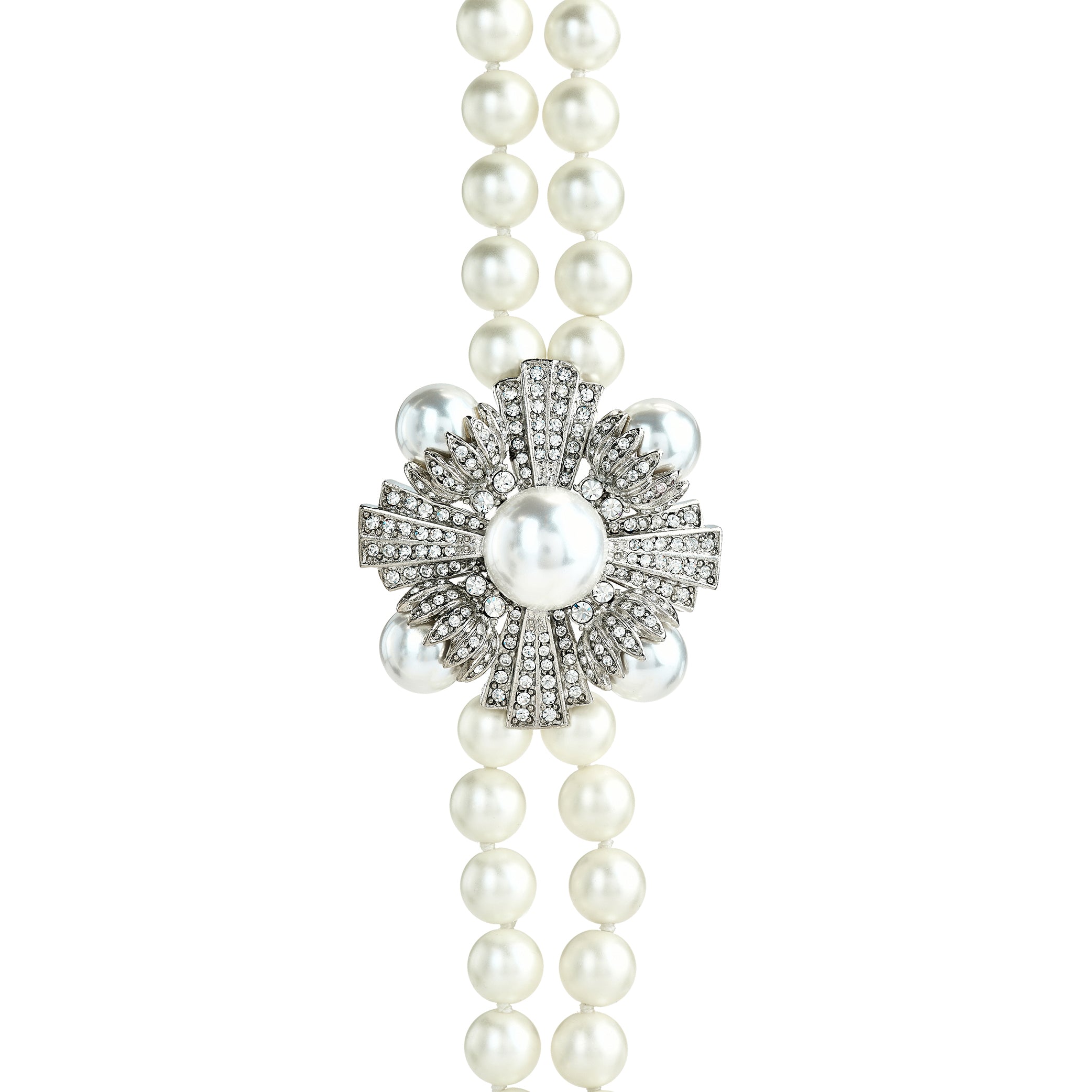 Two-Row Pearl Necklace with Crystal Cross Pendant