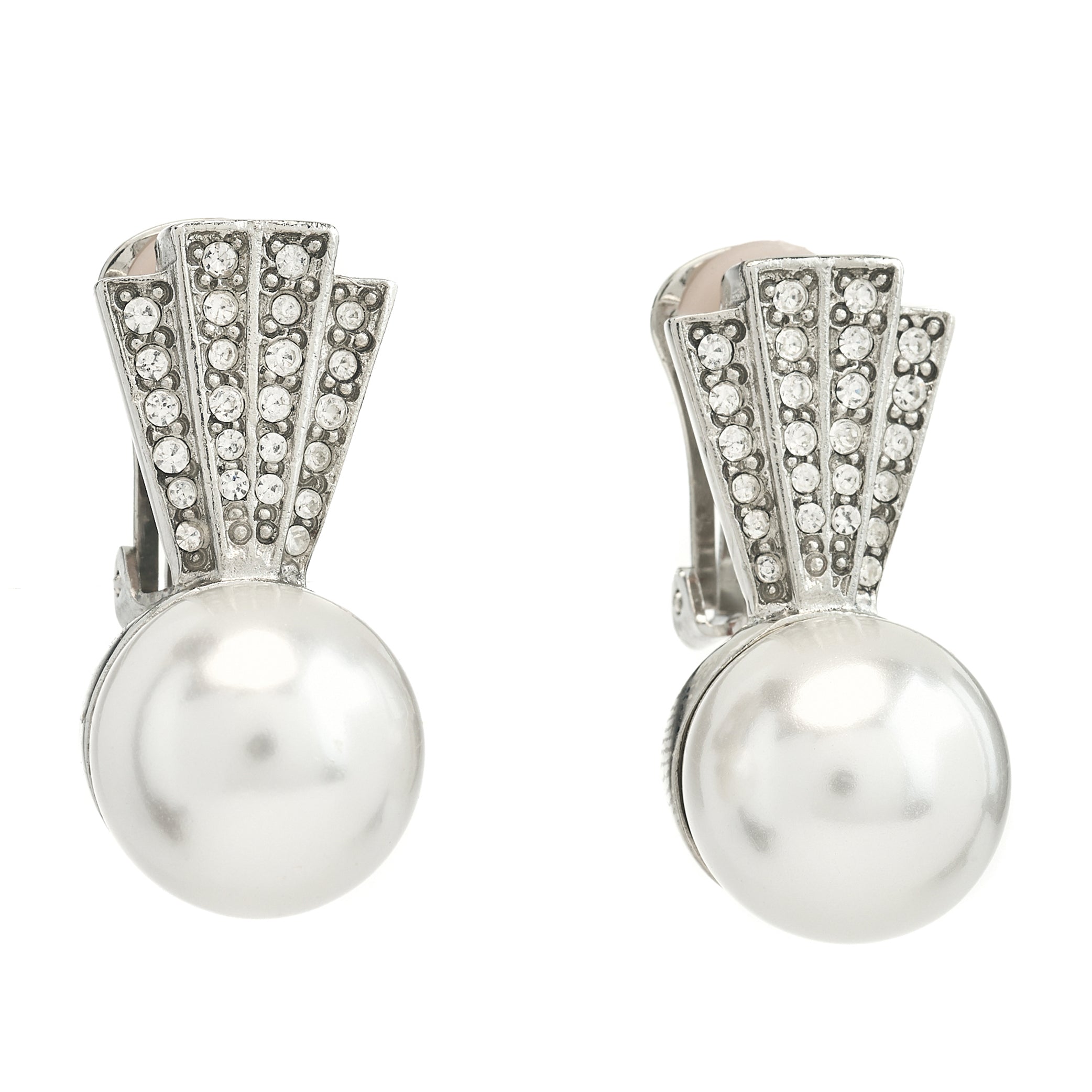 Pearl Drop Clip Earring with Silver Crystal Fan