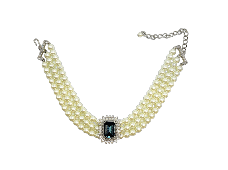3 Row Pearl Choker With Sapphire and Crystal Center