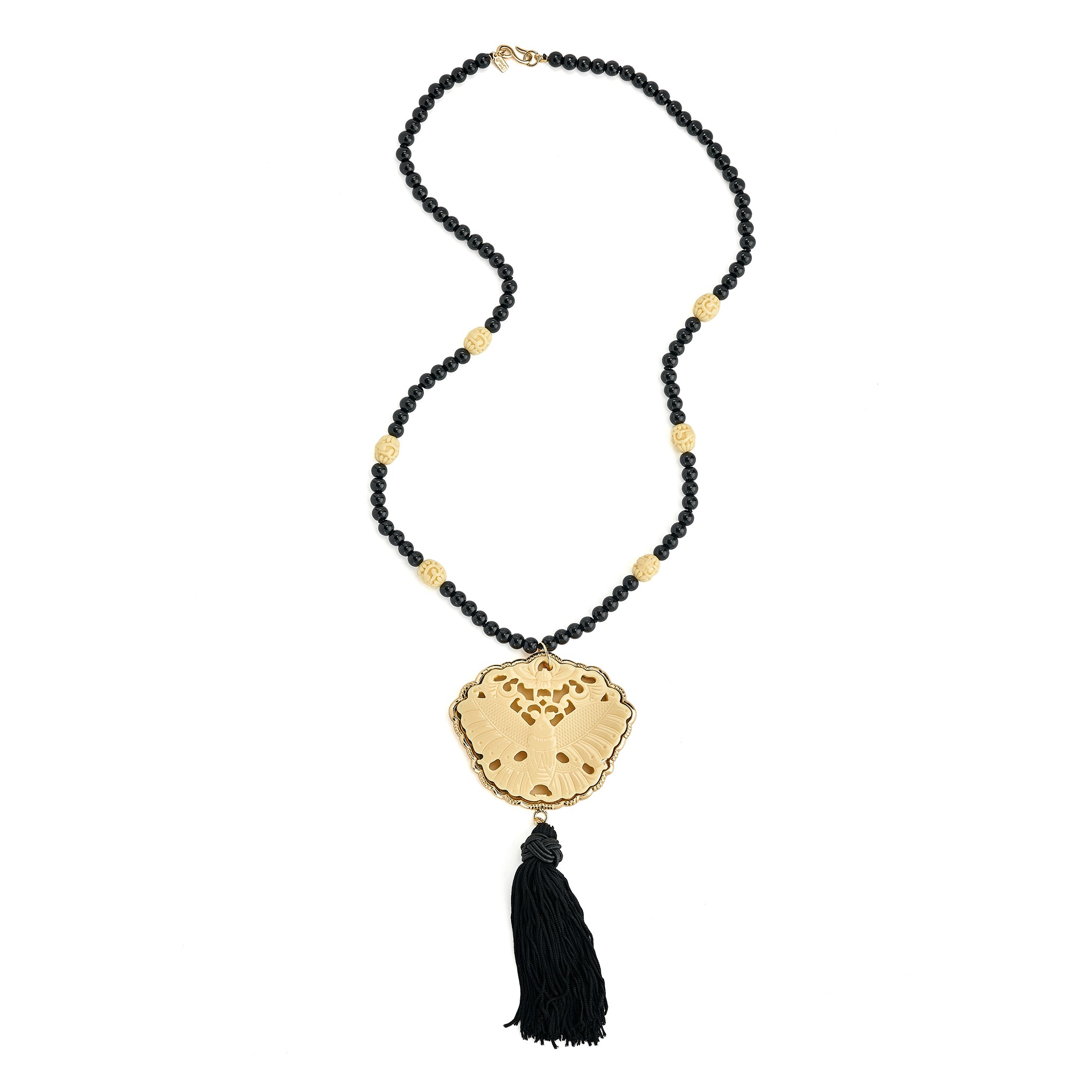 Black and Ivory Carved Tassel Necklace