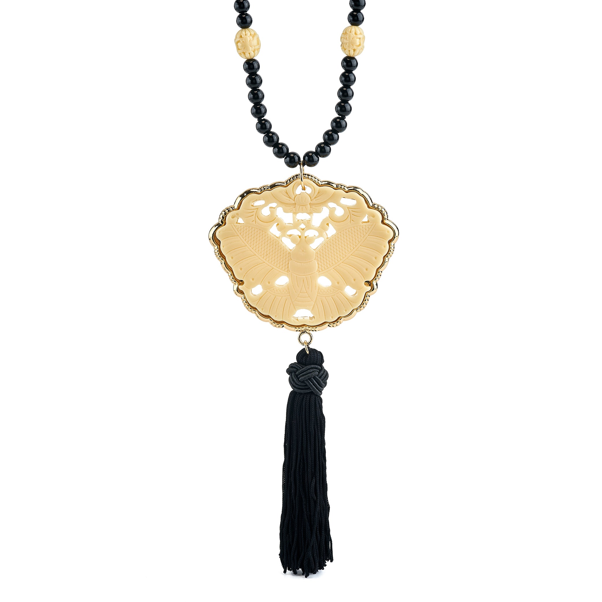 Black and Ivory Carved Tassel Necklace