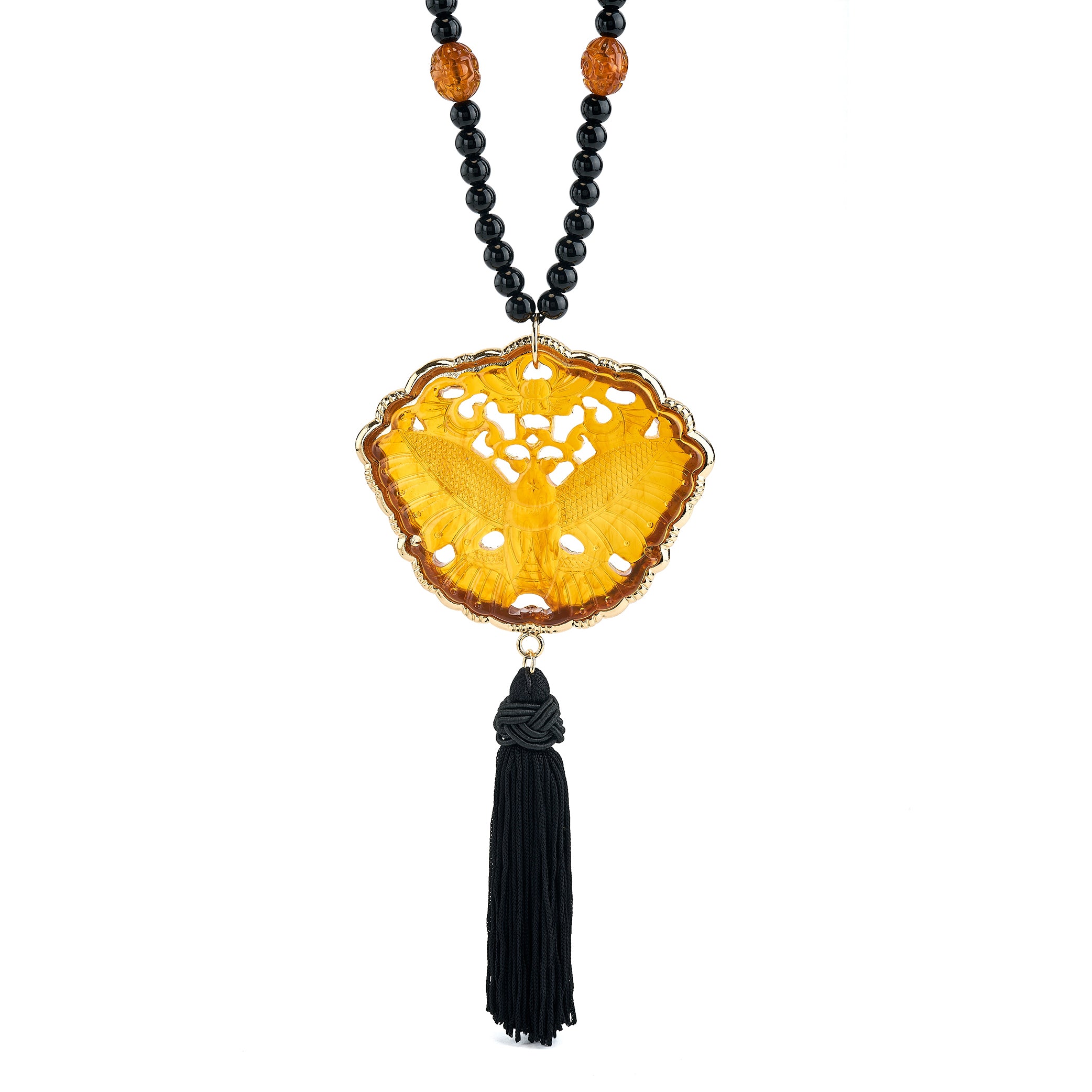 Black and Tortoise Carved Tassel Necklace