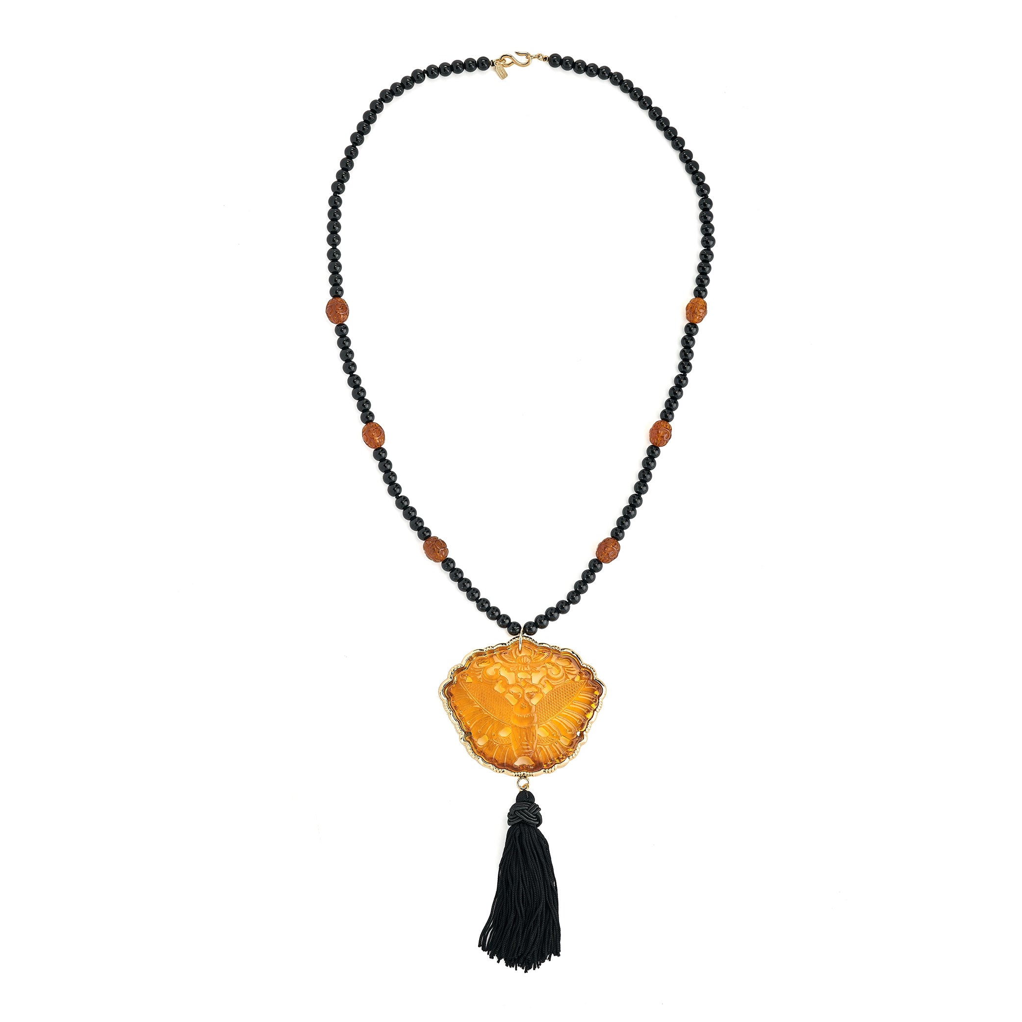 Black and Tortoise Carved Tassel Necklace