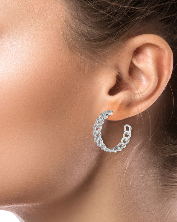 Cubic Zirconia Rhodium Chain Hoop Earrings
