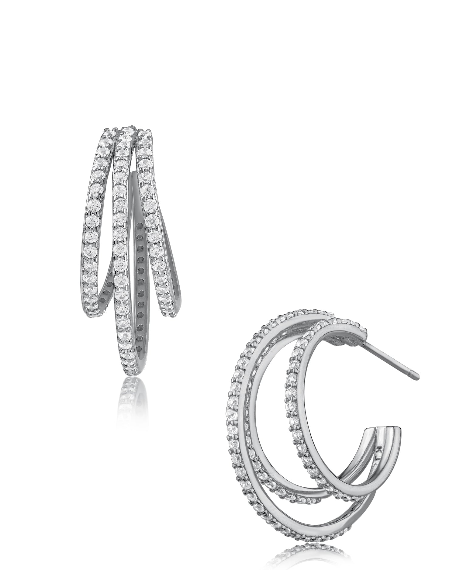 Cubic Zirconia & Rhodium Triple Hoop Earrings