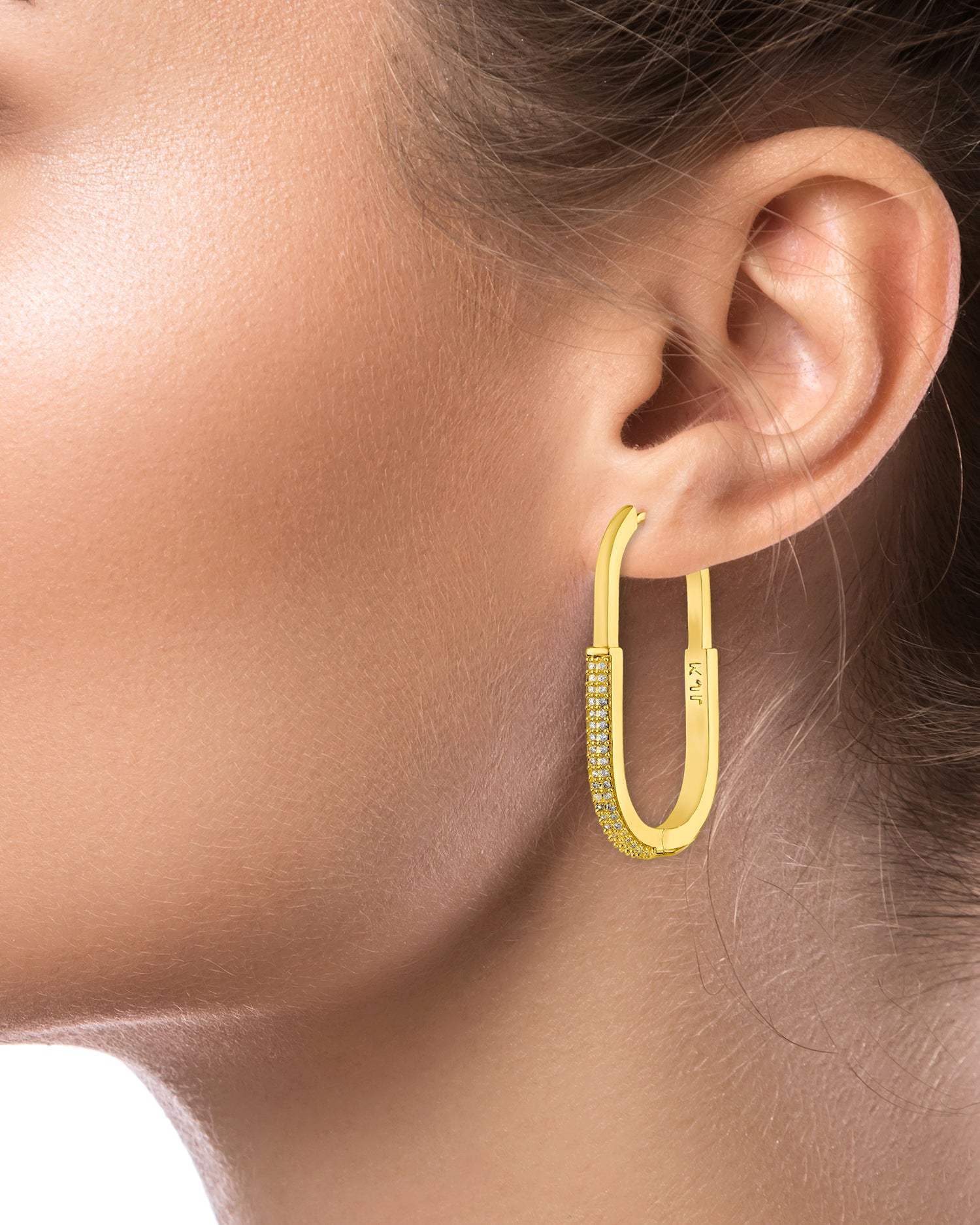 Half Pave Oval Hoop Earrings