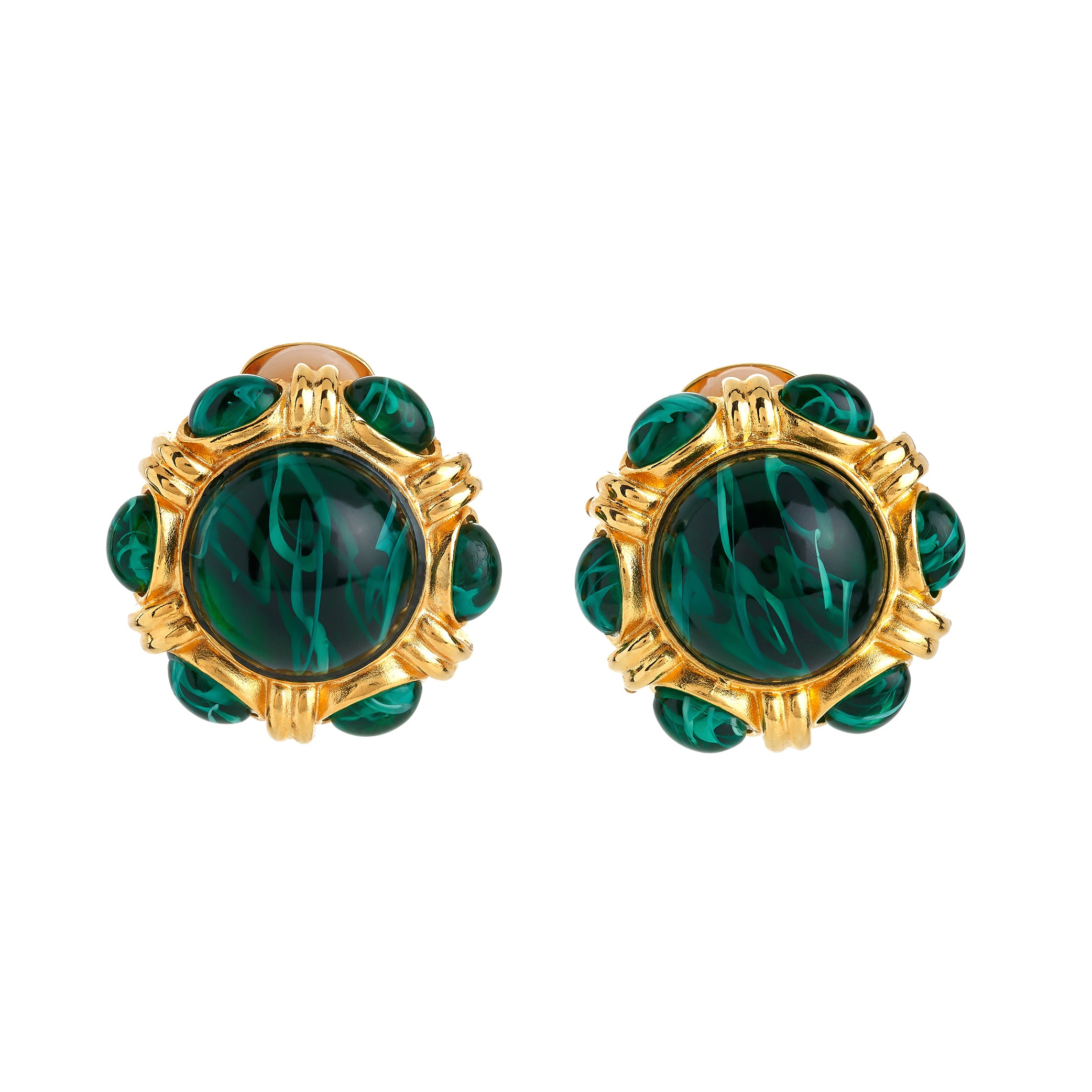 Emerald Cabochon Button Clip Earrings