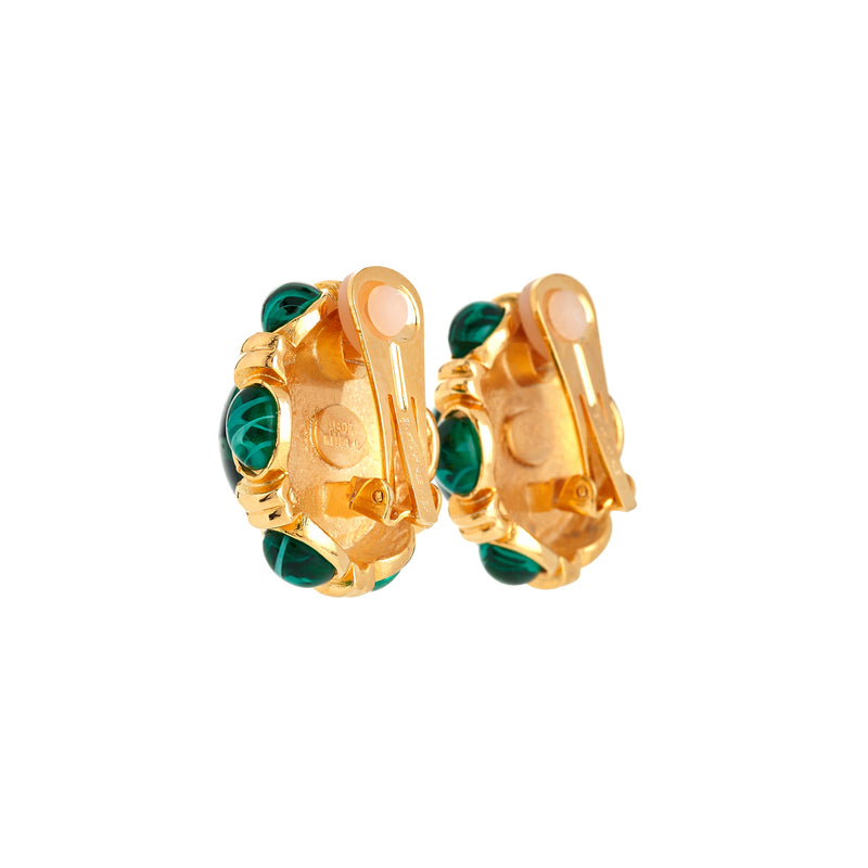 Emerald Cab Button Clip Earrings