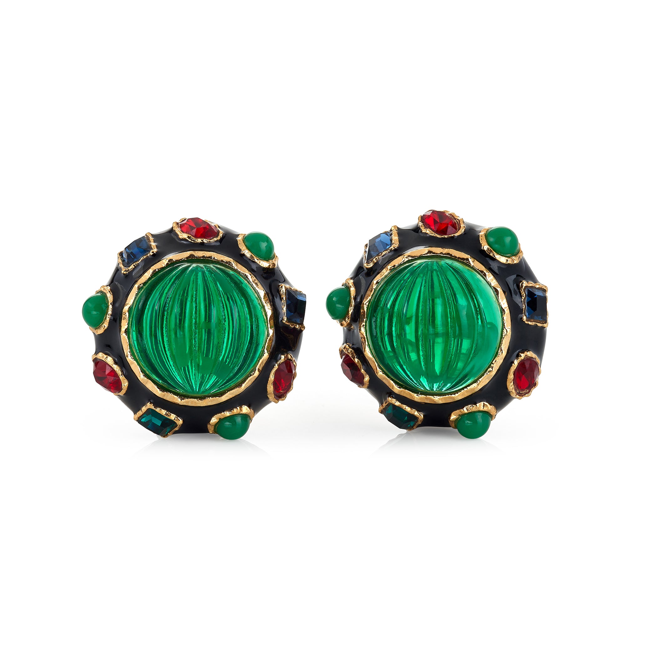 Multi Gem Buttons Clip Earrings