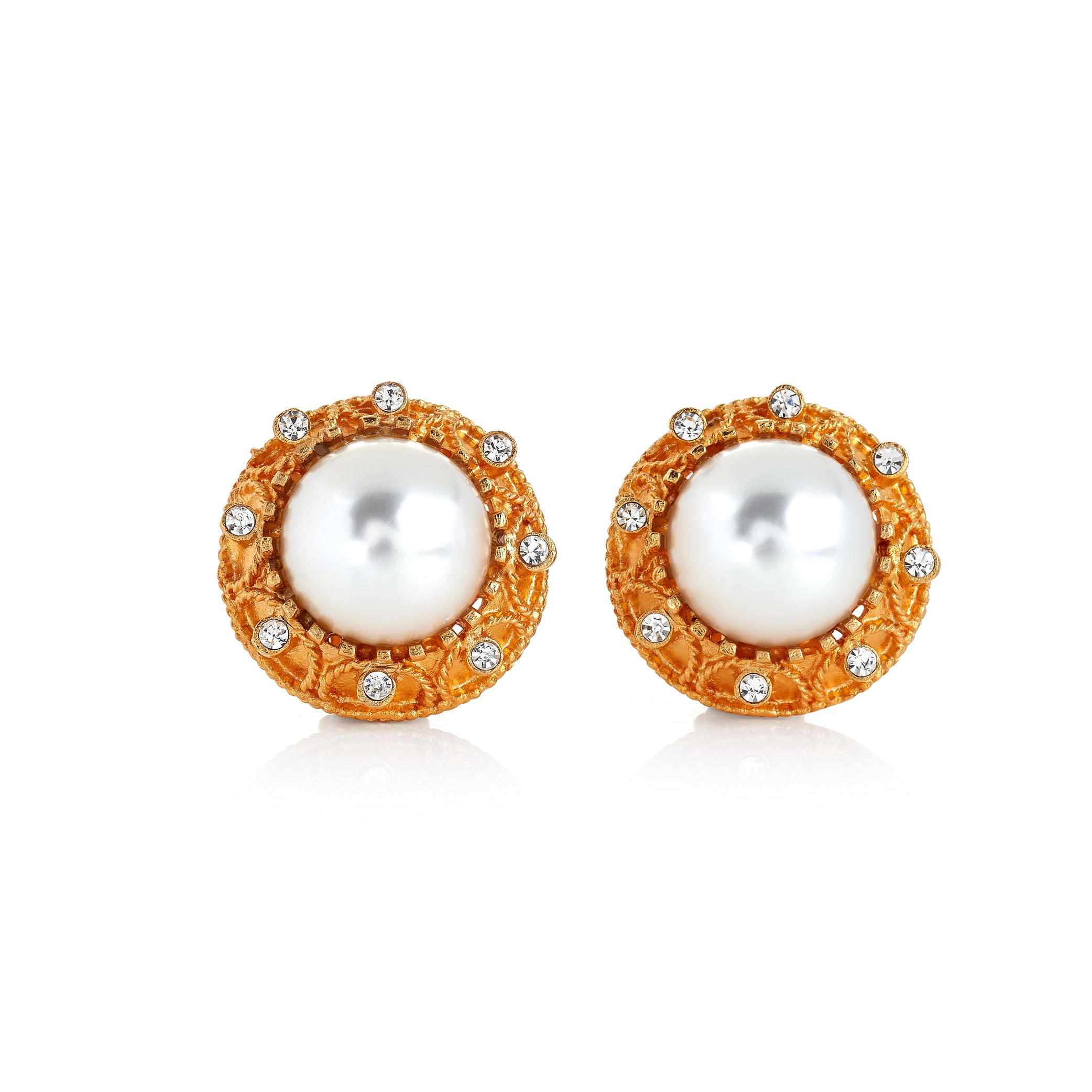 Gold Crystal and Pearl Button Earrings