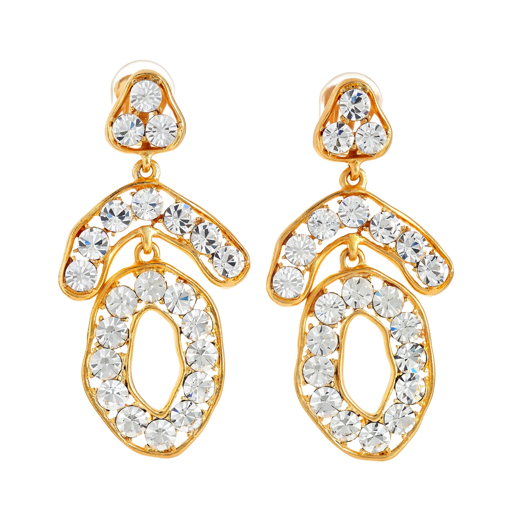 Gold Crystal Triangle Top and Circle Drop Earrings