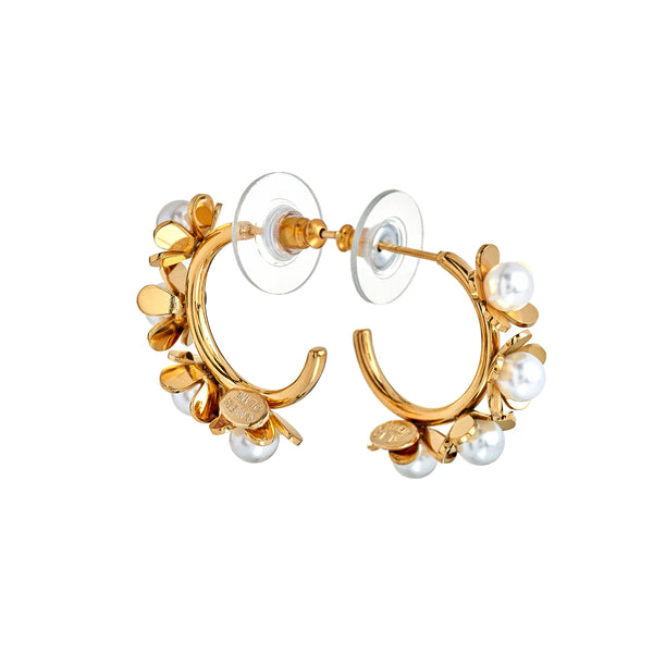 Gold Hoop Earrings with Pearl Flowers